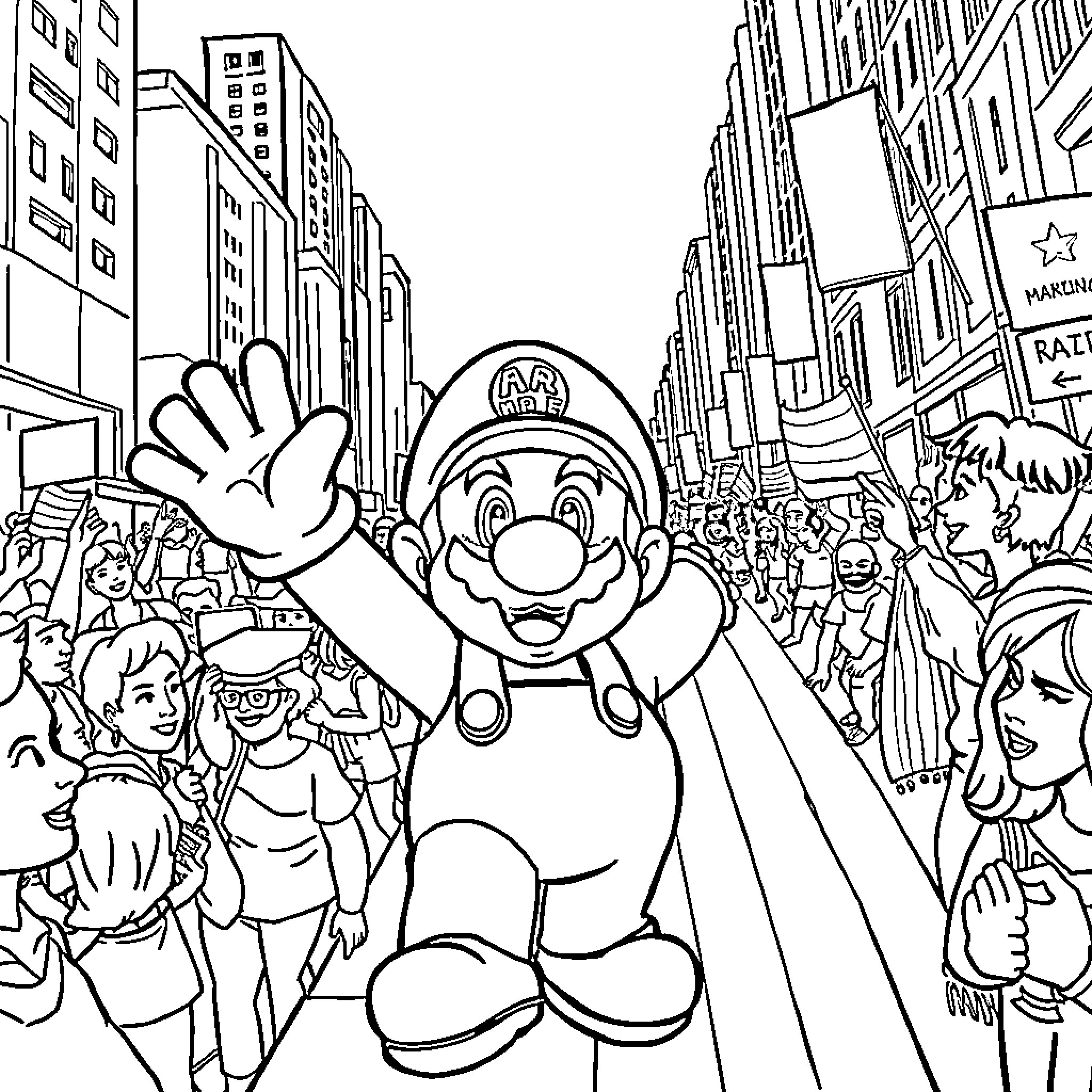 Super Mario Celebrates with Fans in Crowded City Coloring Page (free black-and-white line drawing printable PDF for all, from beginners to advanced learners, including children, teens, adults, and seniors)