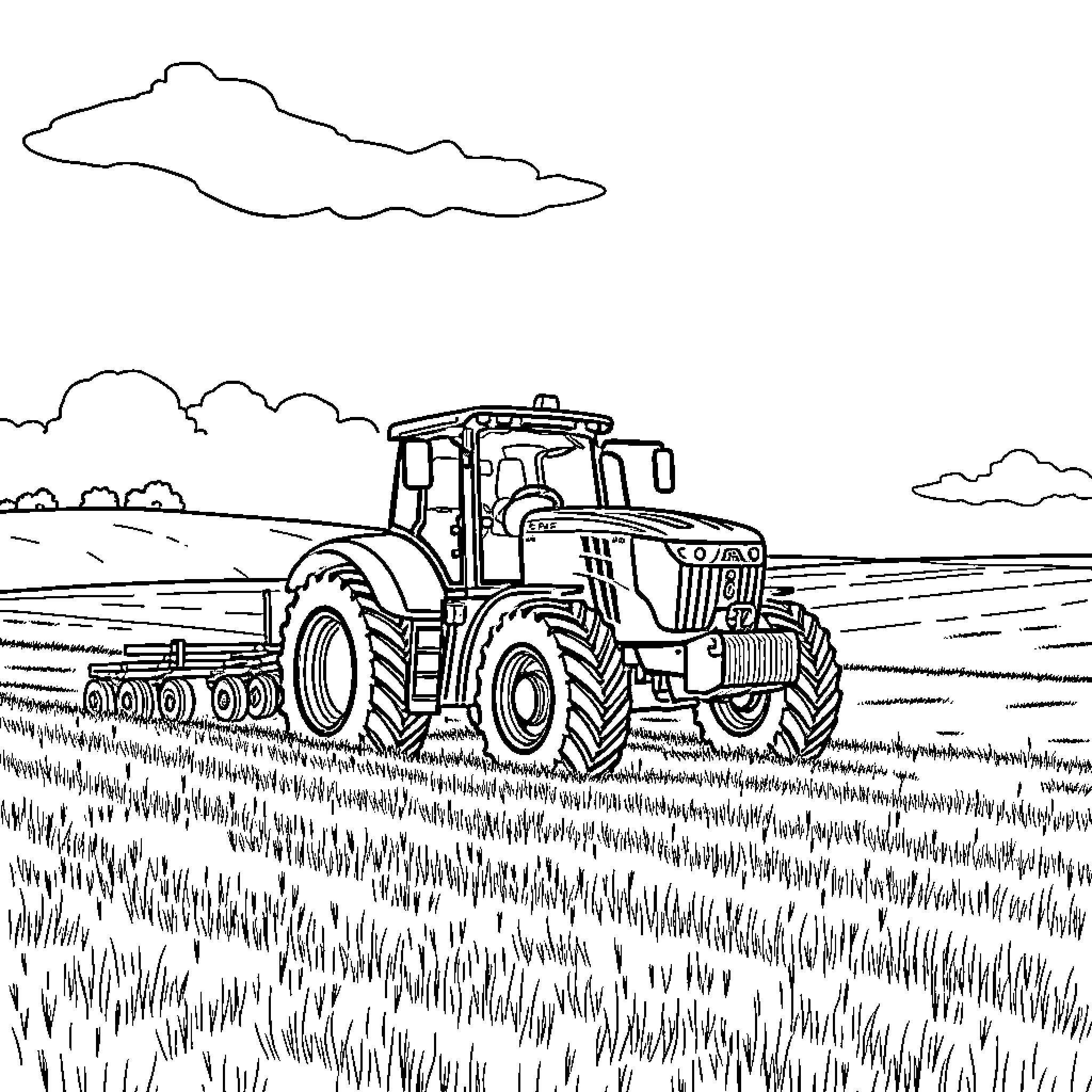 Tractor plowing through the field Coloring Page (free black-and-white line drawing printable PDF for all, from beginners to advanced learners, including children, teens, adults, and seniors)