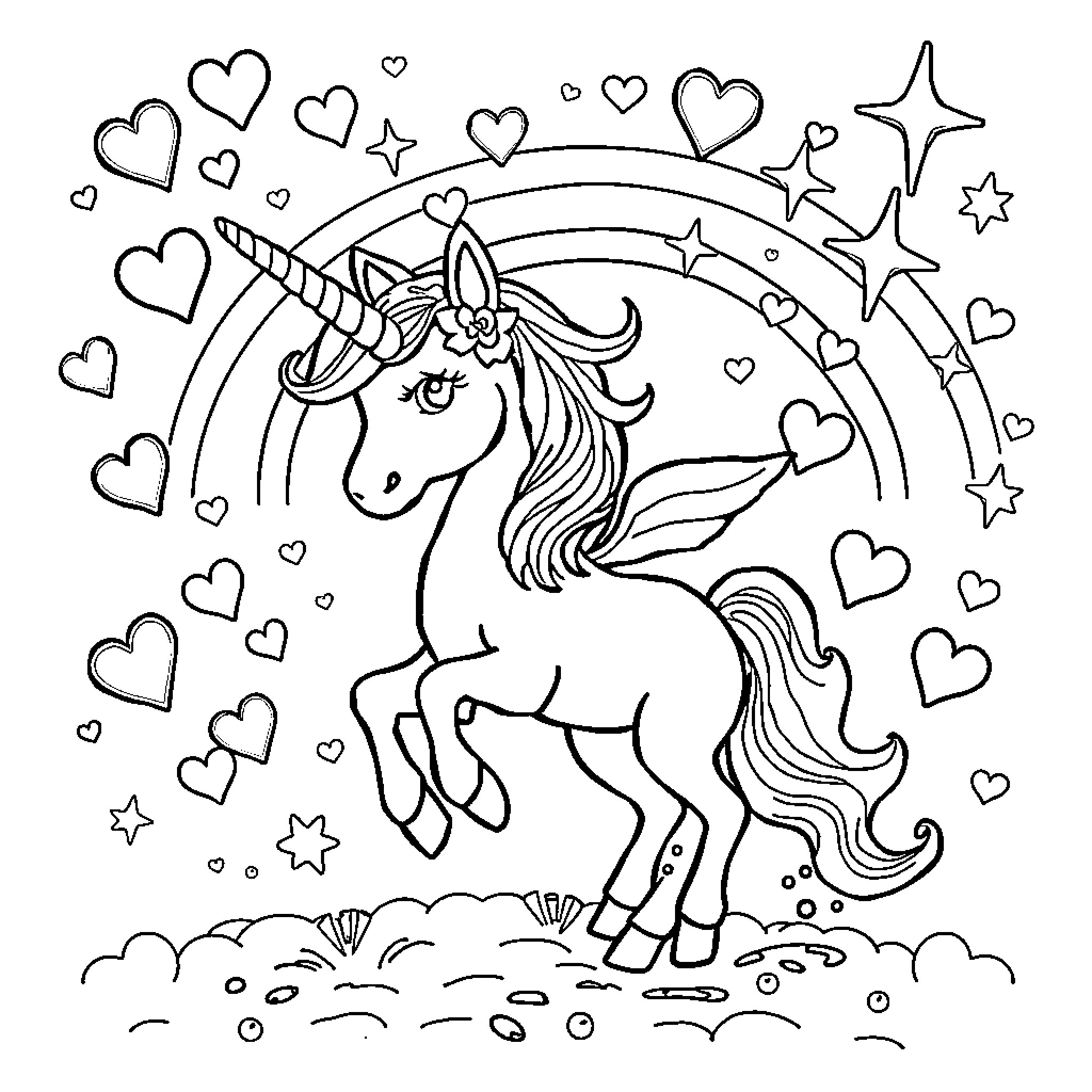 Unicorn surrounded by whimsical hearts and stars Coloring Page (free black-and-white line drawing printable PDF for all, from beginners to advanced learners, including children, teens, adults, and seniors)