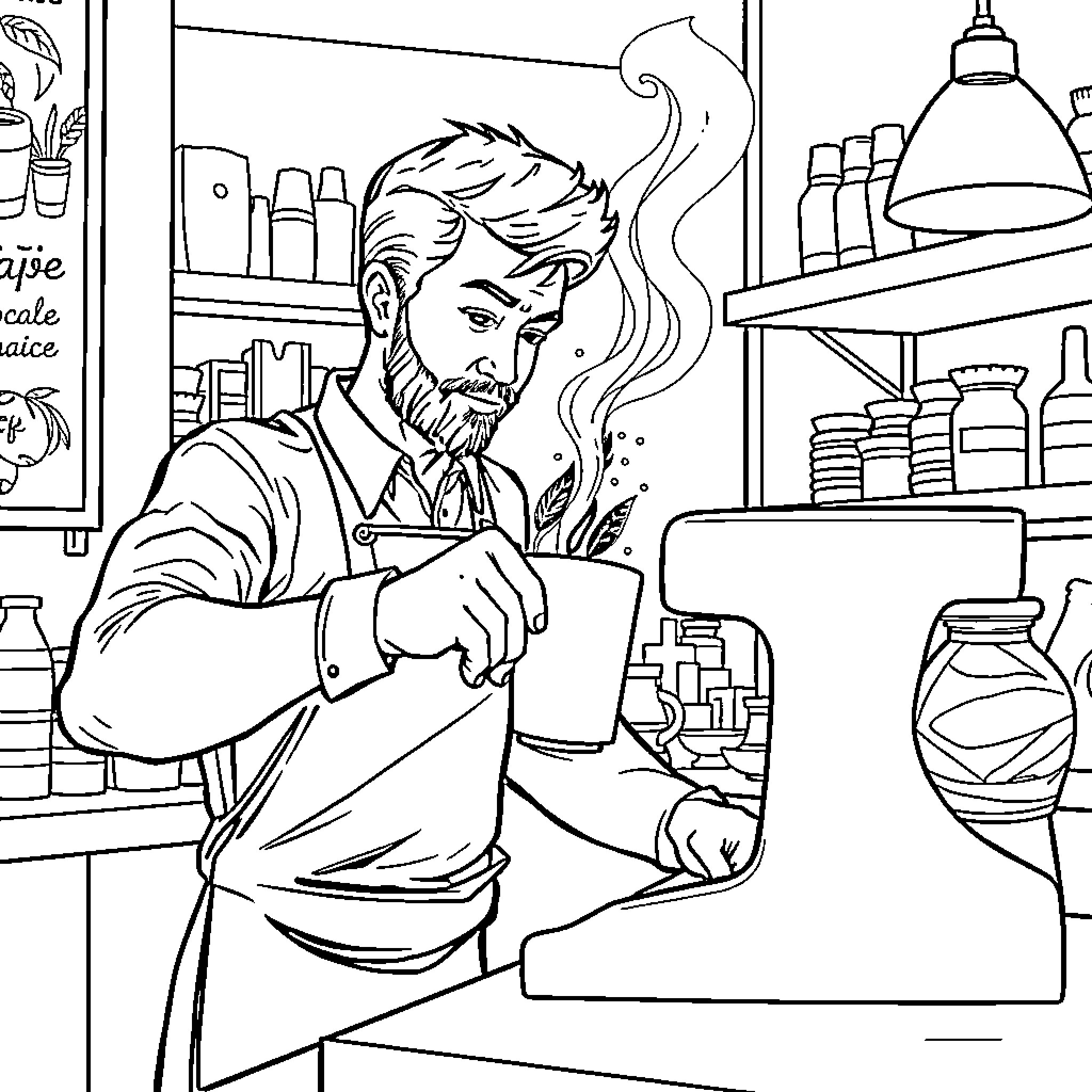 Barista Preparing a Beverage in a Coffee Shop Coloring Page (free black-and-white line drawing printable PDF for all, from beginners to advanced learners, including children, teens, adults, and seniors)