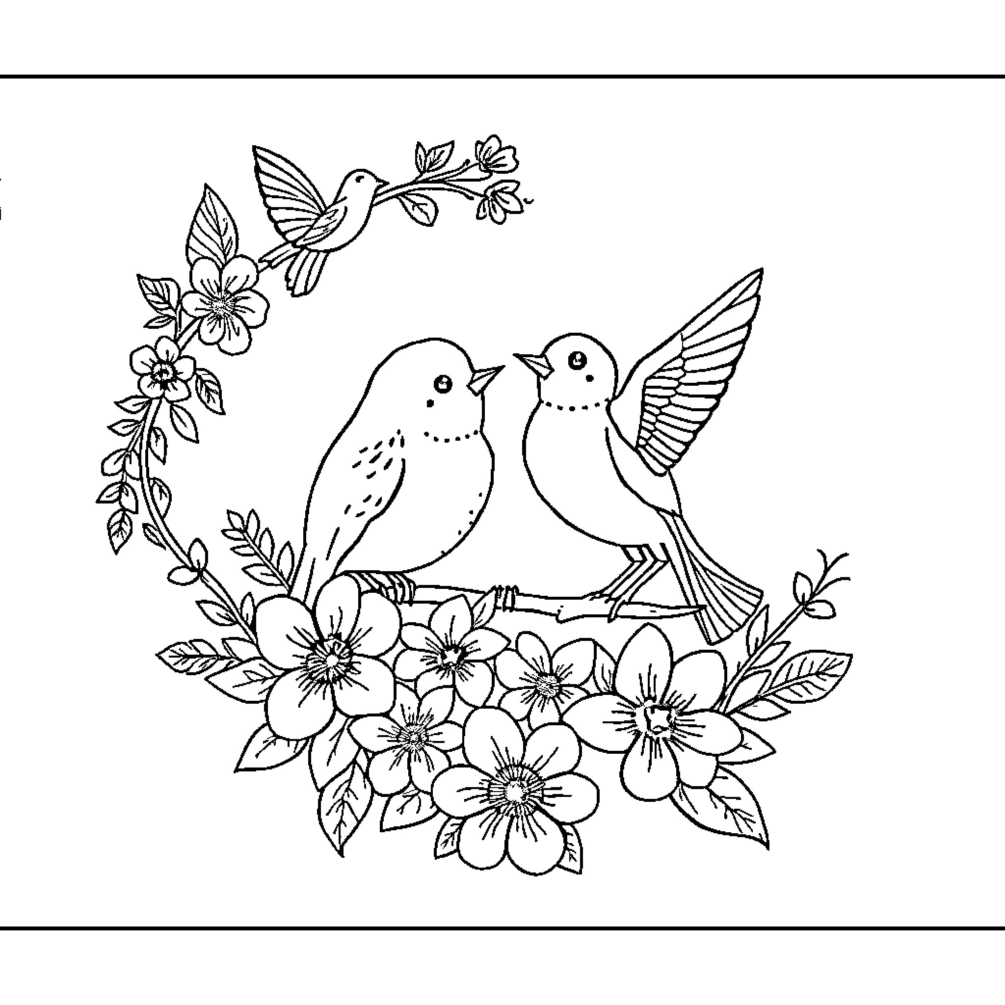 Wall Art of Cheerful Birds Among Flowers Coloring Page (free black-and-white line drawing printable PDF for all, from beginners to advanced learners, including children, teens, adults, and seniors)