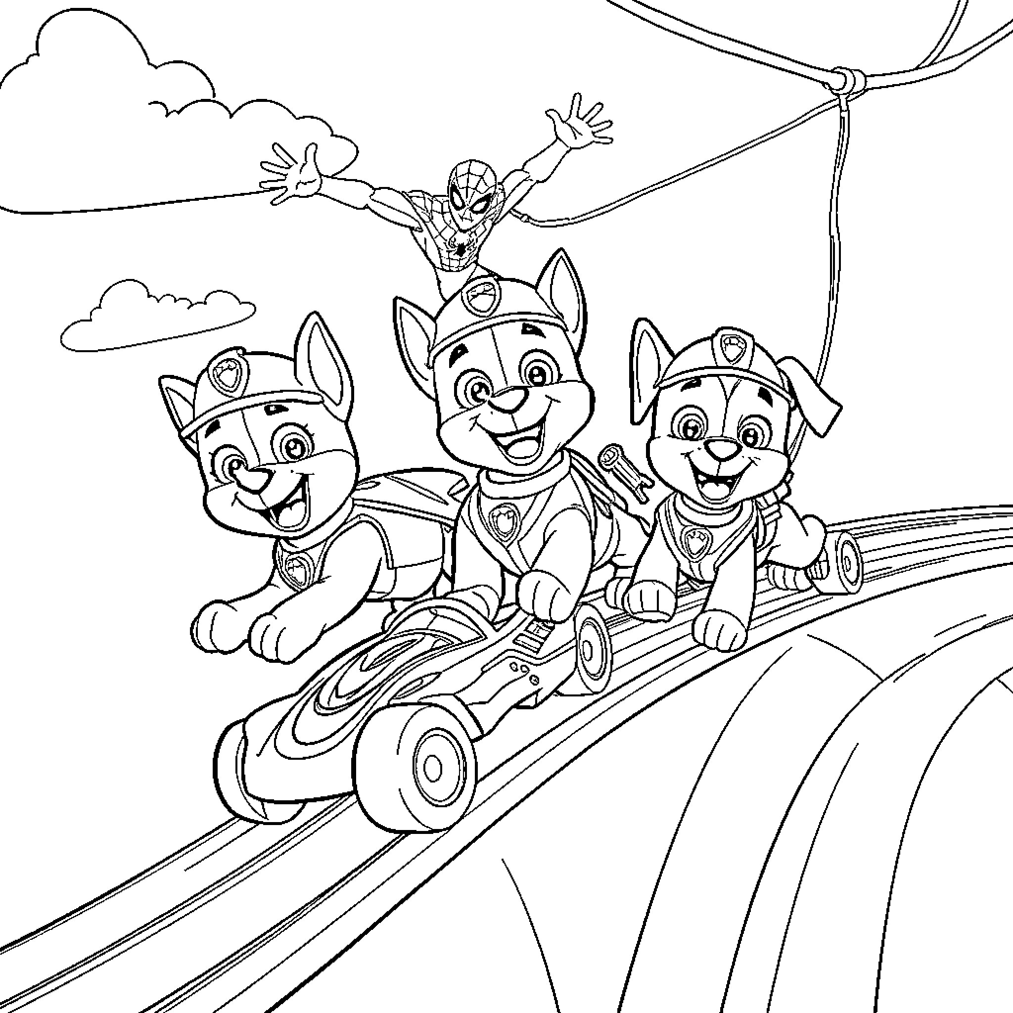 Paw Patrol pups on an exciting adventure Coloring Page (free black-and-white line drawing printable PDF for all, from beginners to advanced learners, including children, teens, adults, and seniors)