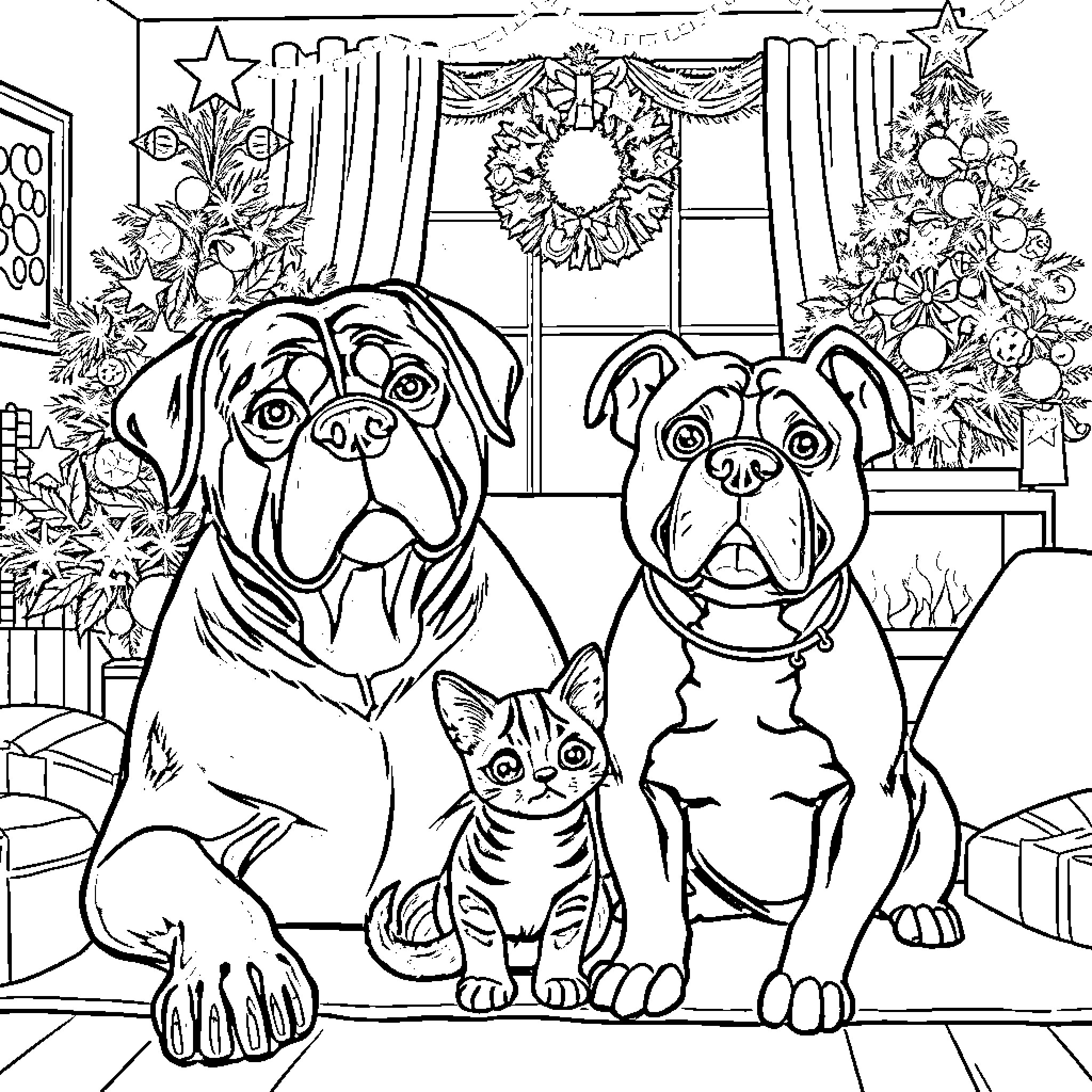 Rottweiler and pets posing in festive holiday setting Coloring Page (free black-and-white line drawing printable PDF for all, from beginners to advanced learners, including children, teens, adults, and seniors)