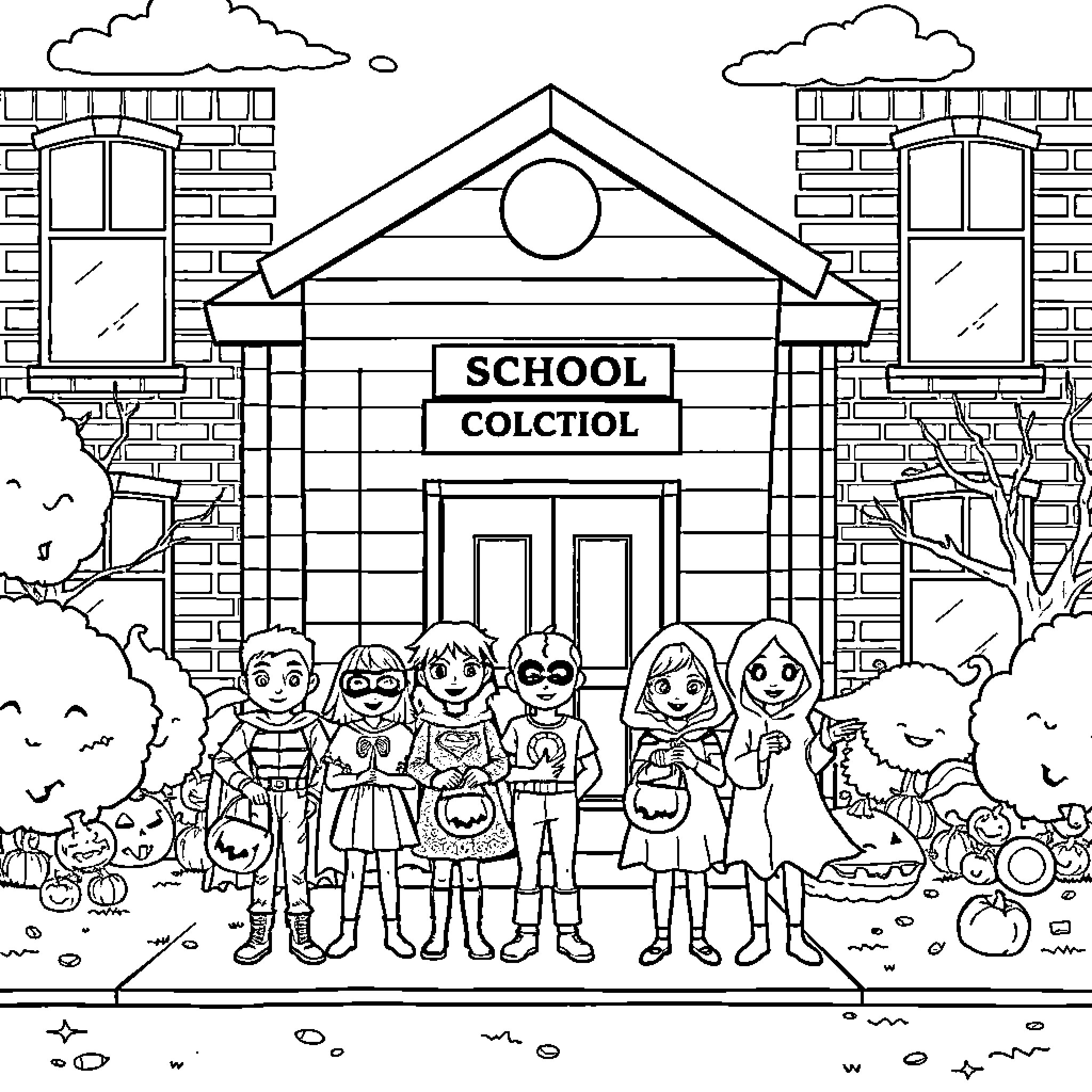 Kids in front of a school building on Halloween Coloring Page (free black-and-white line drawing printable PDF for all, from beginners to advanced learners, including children, teens, adults, and seniors)