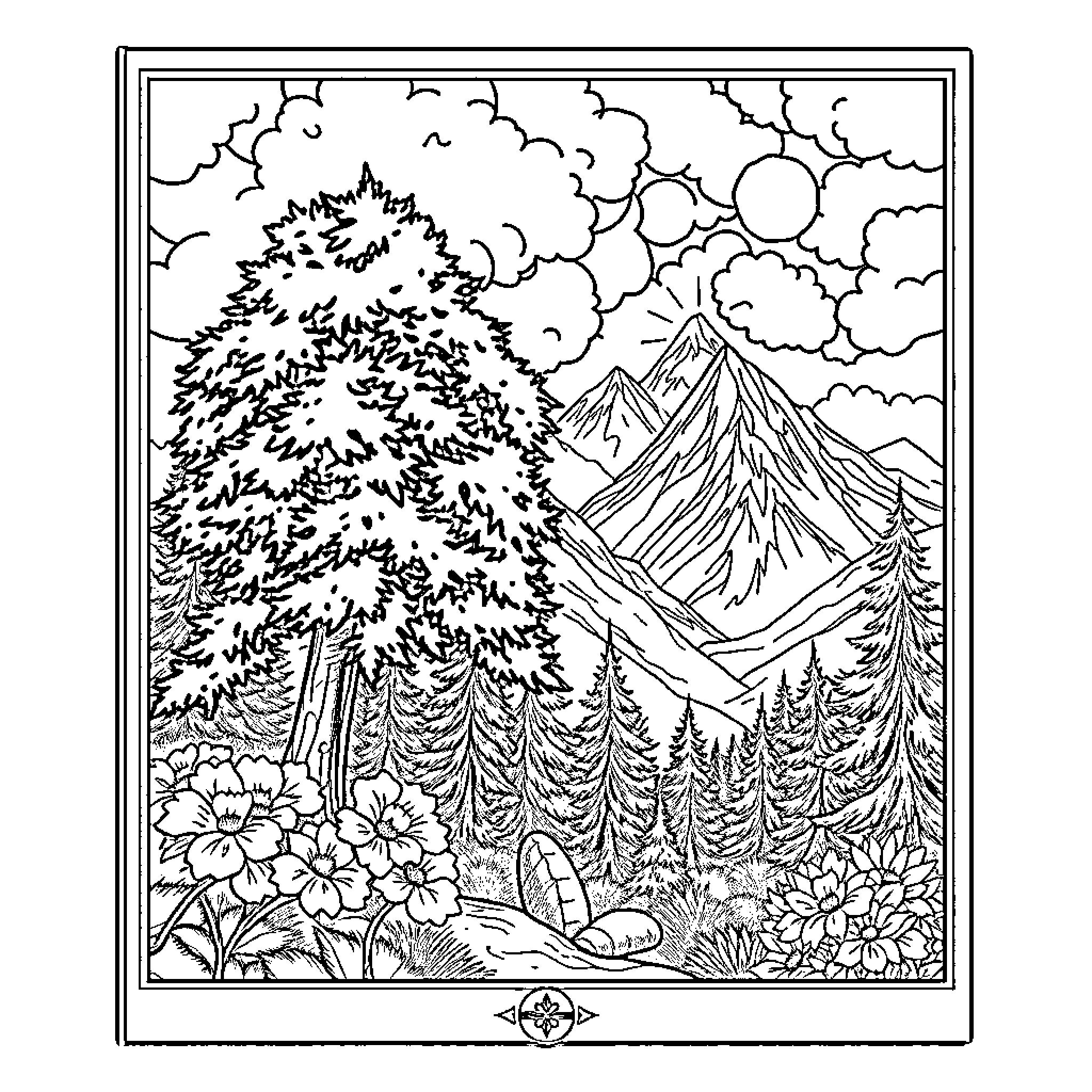 Bob Ross painting a scenic landscape Coloring Page (free black-and-white line drawing printable PDF for all, from beginners to advanced learners, including children, teens, adults, and seniors)
