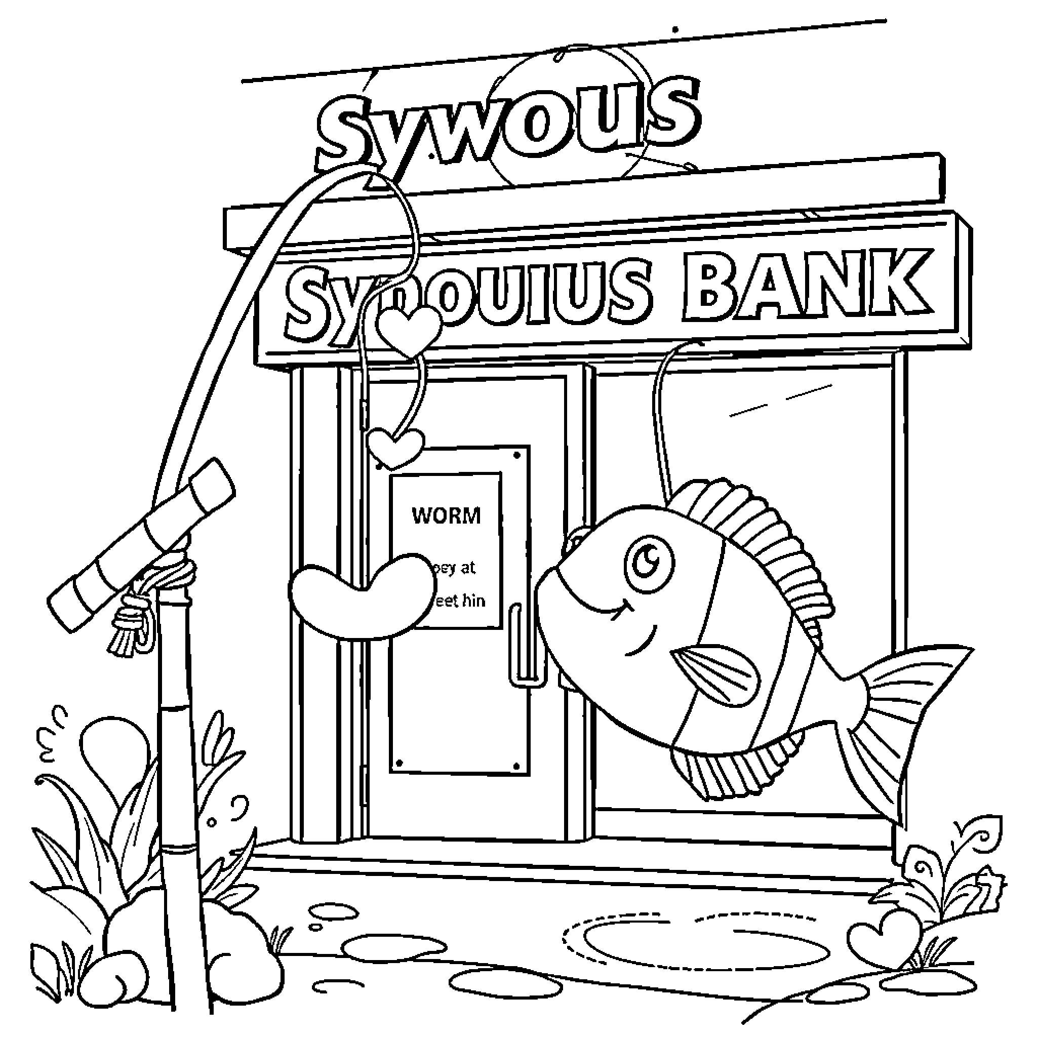 Worm visiting the Syquous Bank Coloring Page (free black-and-white line drawing printable PDF for all, from beginners to advanced learners, including children, teens, adults, and seniors)