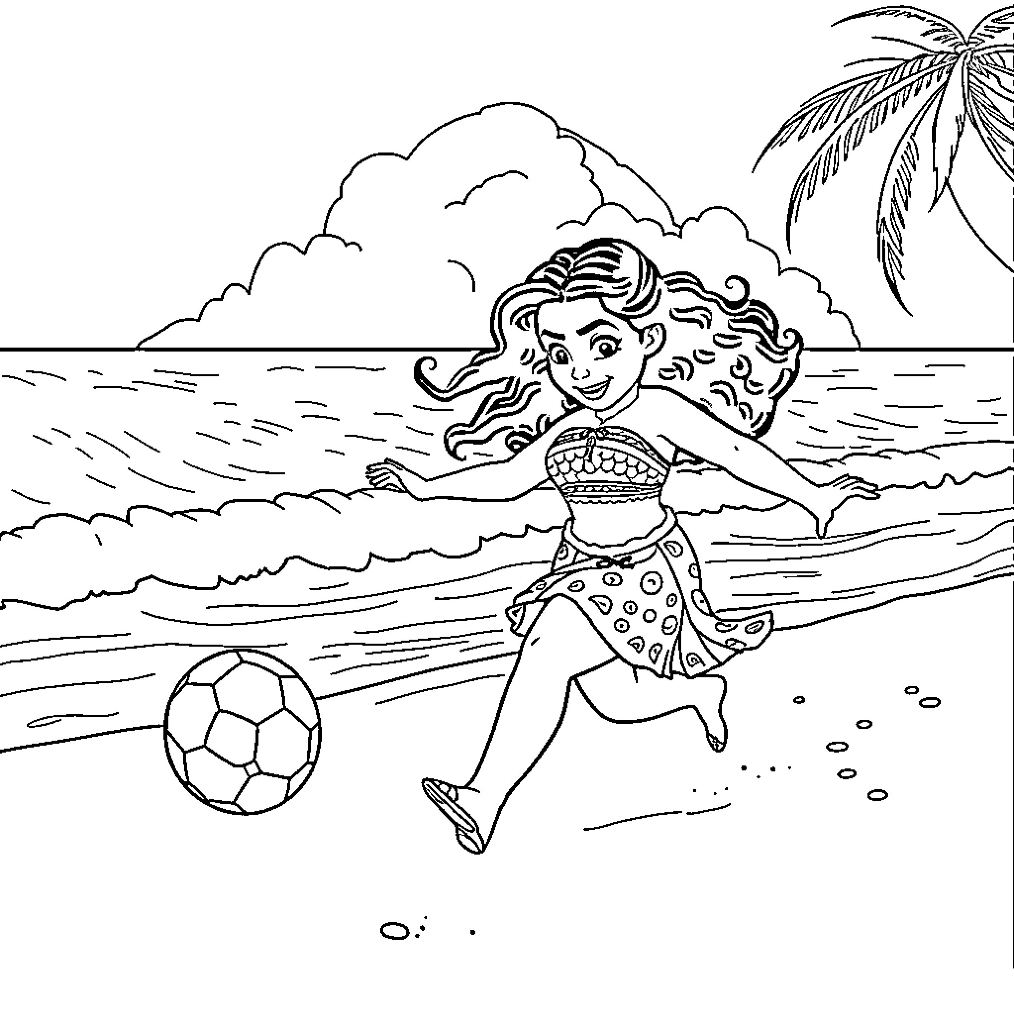 Moana playing with a ball on the beach Coloring Page (free black-and-white line drawing printable PDF for all, from beginners to advanced learners, including children, teens, adults, and seniors)