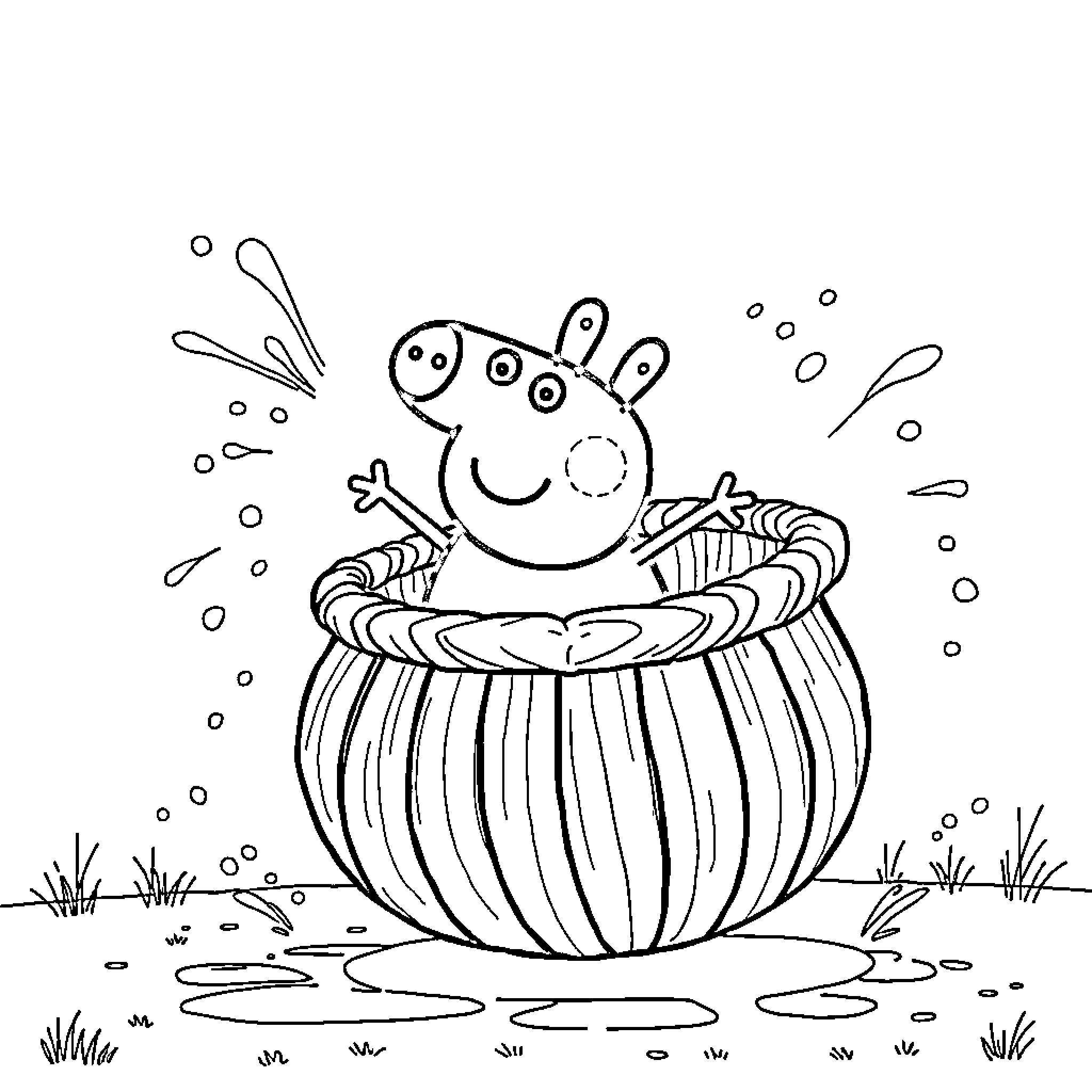 Peppa Pig enjoying a fun bath in the puddle Coloring Page (free black-and-white line drawing printable PDF for all, from beginners to advanced learners, including children, teens, adults, and seniors)