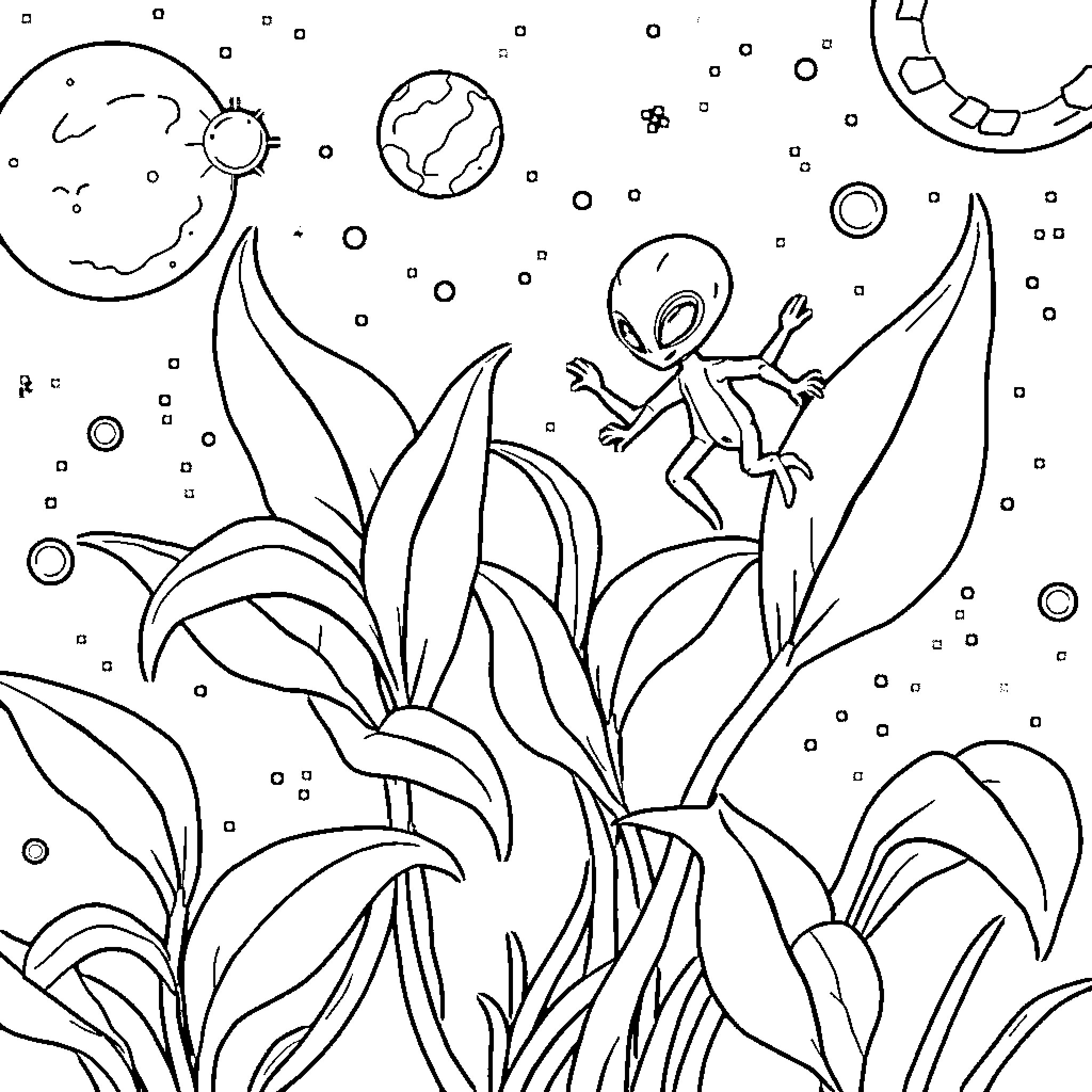 Weed alien exploring cosmic garden Coloring Page (free black-and-white line drawing printable PDF for all, from beginners to advanced learners, including children, teens, adults, and seniors)