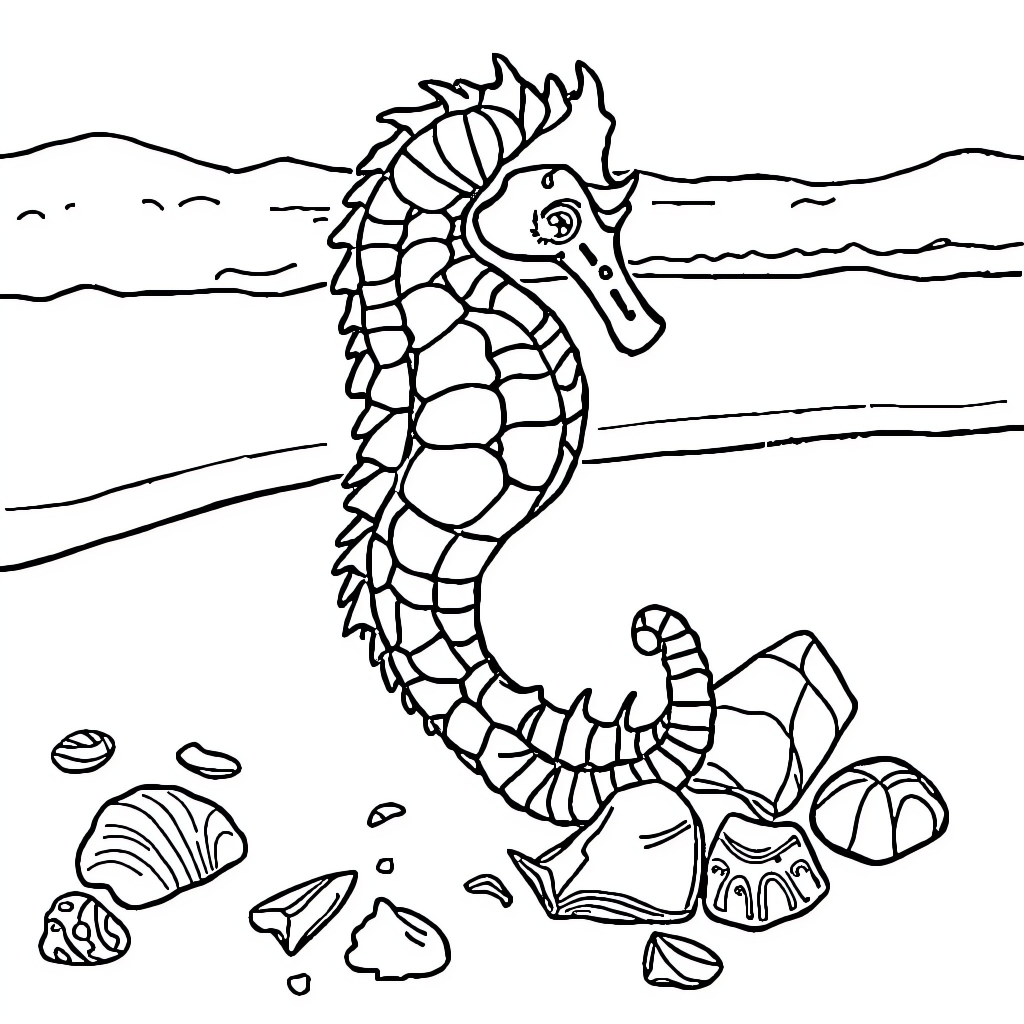 Seahorse swimming amidst seashells and rocks Coloring Page (free black-and-white line drawing printable PDF for all, from beginners to advanced learners, including children, teens, adults, and seniors)