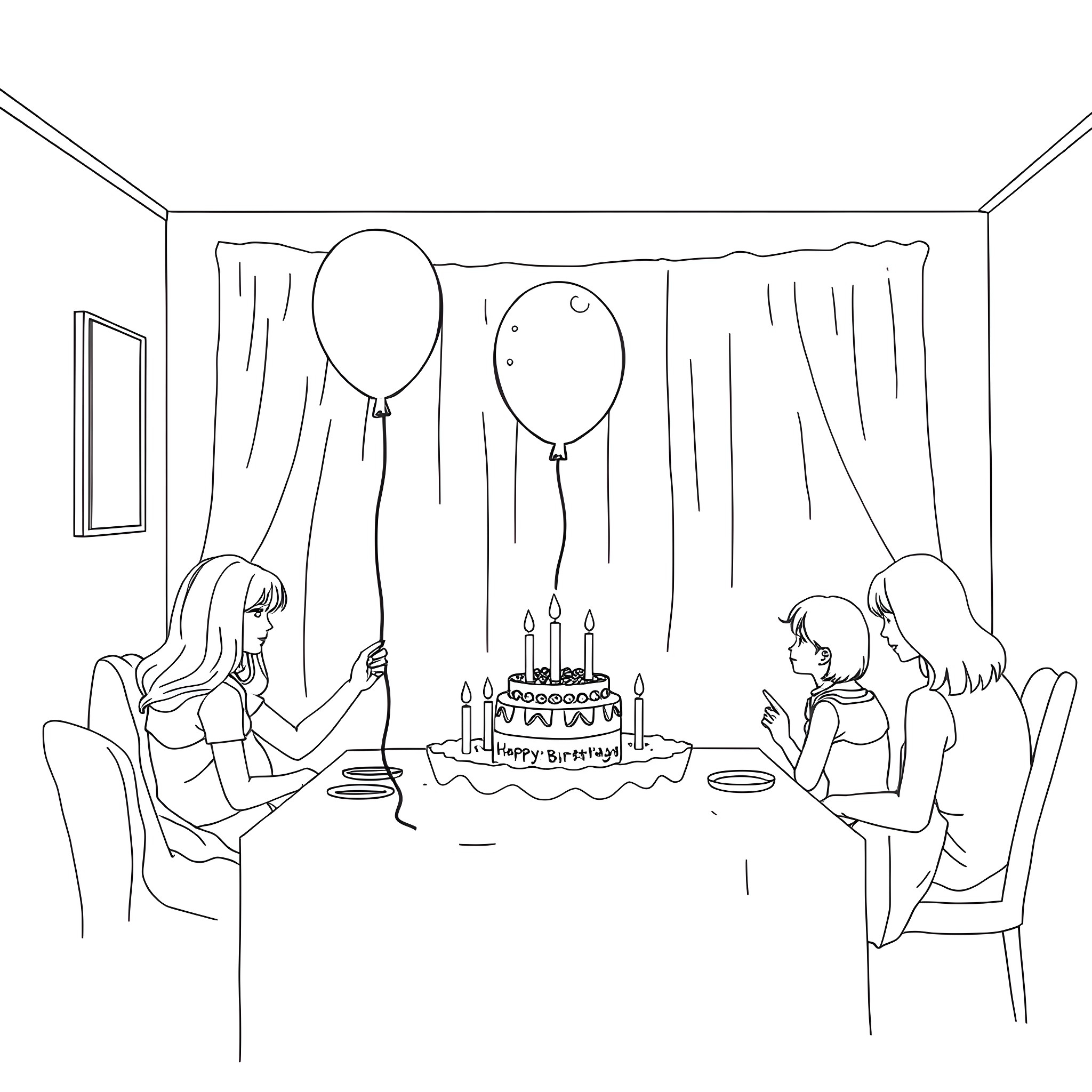 Birthday celebration with friends and cake Coloring Page (free black-and-white line drawing printable PDF for all, from beginners to advanced learners, including children, teens, adults, and seniors)