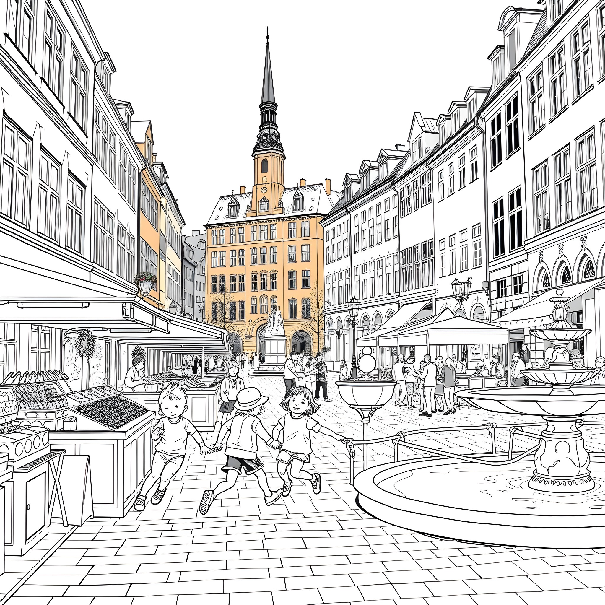 Children playing in a bustling European town square Coloring Page (free black-and-white line drawing printable PDF for all, from beginners to advanced learners, including children, teens, adults, and seniors)