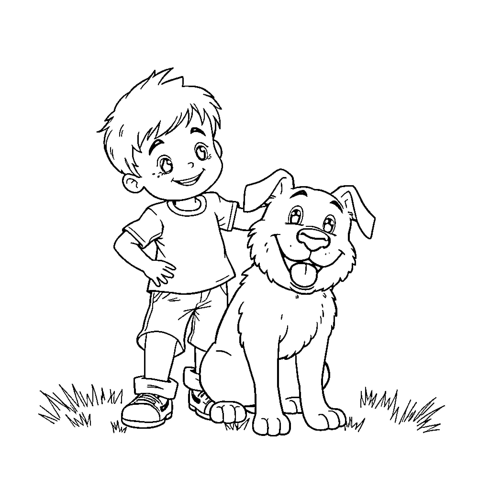 Dog Enjoying Time with Boy Coloring Page (free black-and-white line drawing printable PDF for all, from beginners to advanced learners, including children, teens, adults, and seniors)