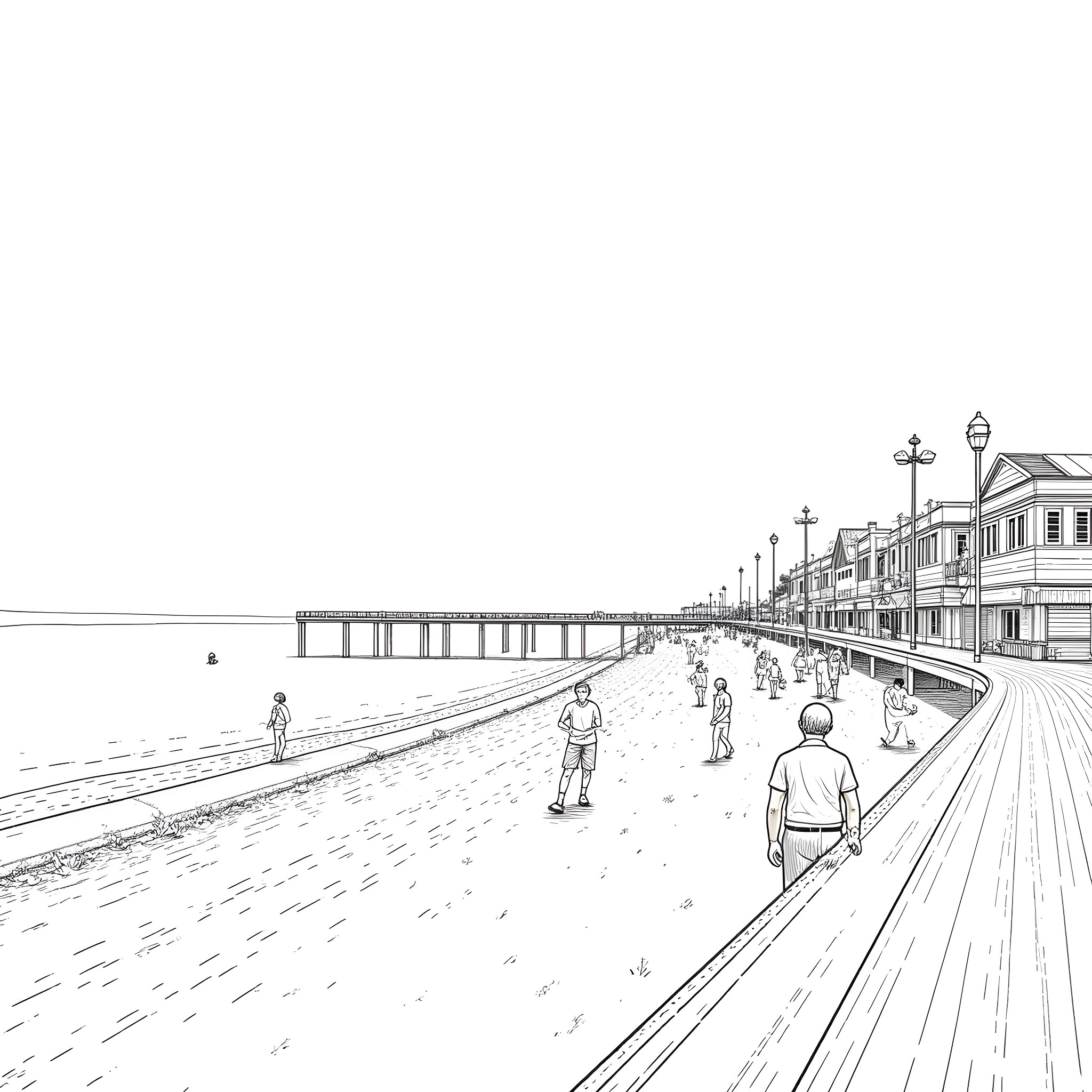 Asbury Park boardwalk scene with people strolling Coloring Page (free black-and-white line drawing printable PDF for all, from beginners to advanced learners, including children, teens, adults, and seniors)