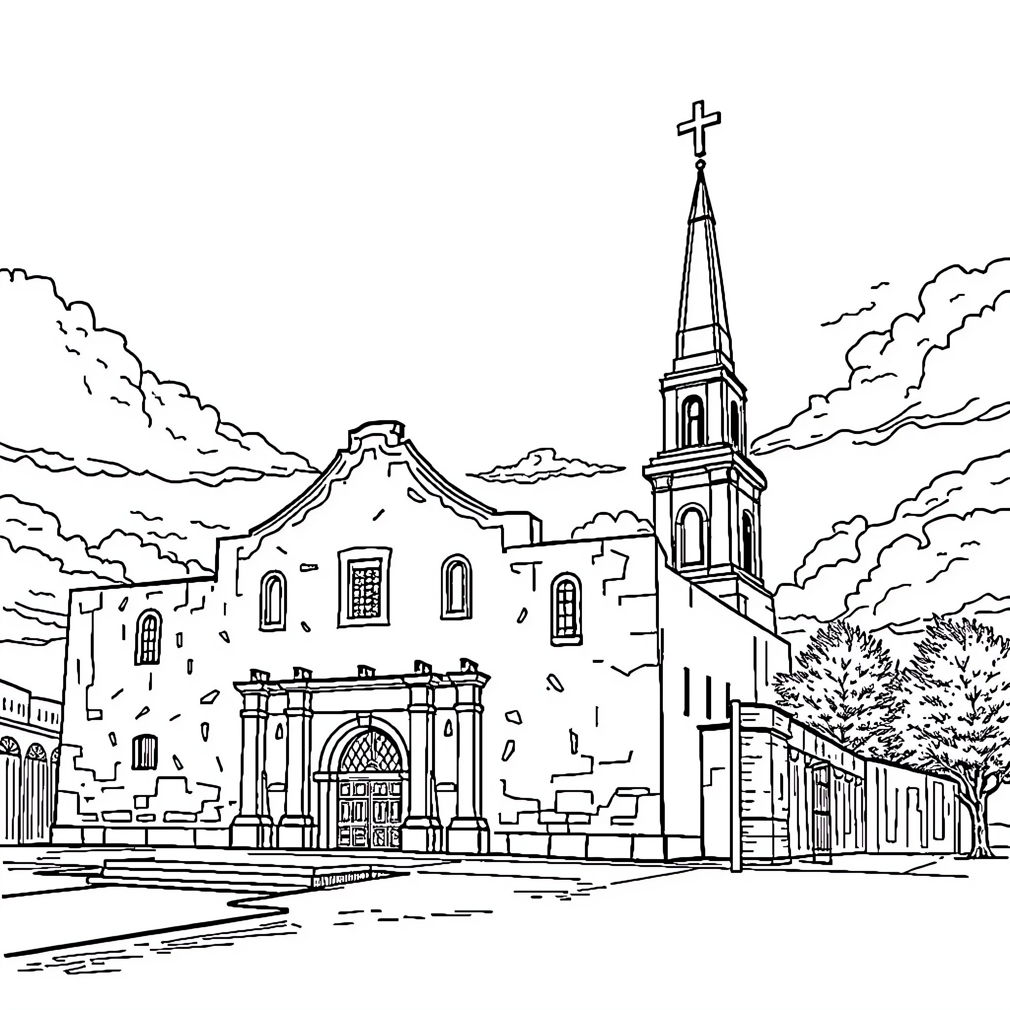 Alamo Mission historic landmark in dramatic landscape Coloring Page (free black-and-white line drawing printable PDF for all, from beginners to advanced learners, including children, teens, adults, and seniors)