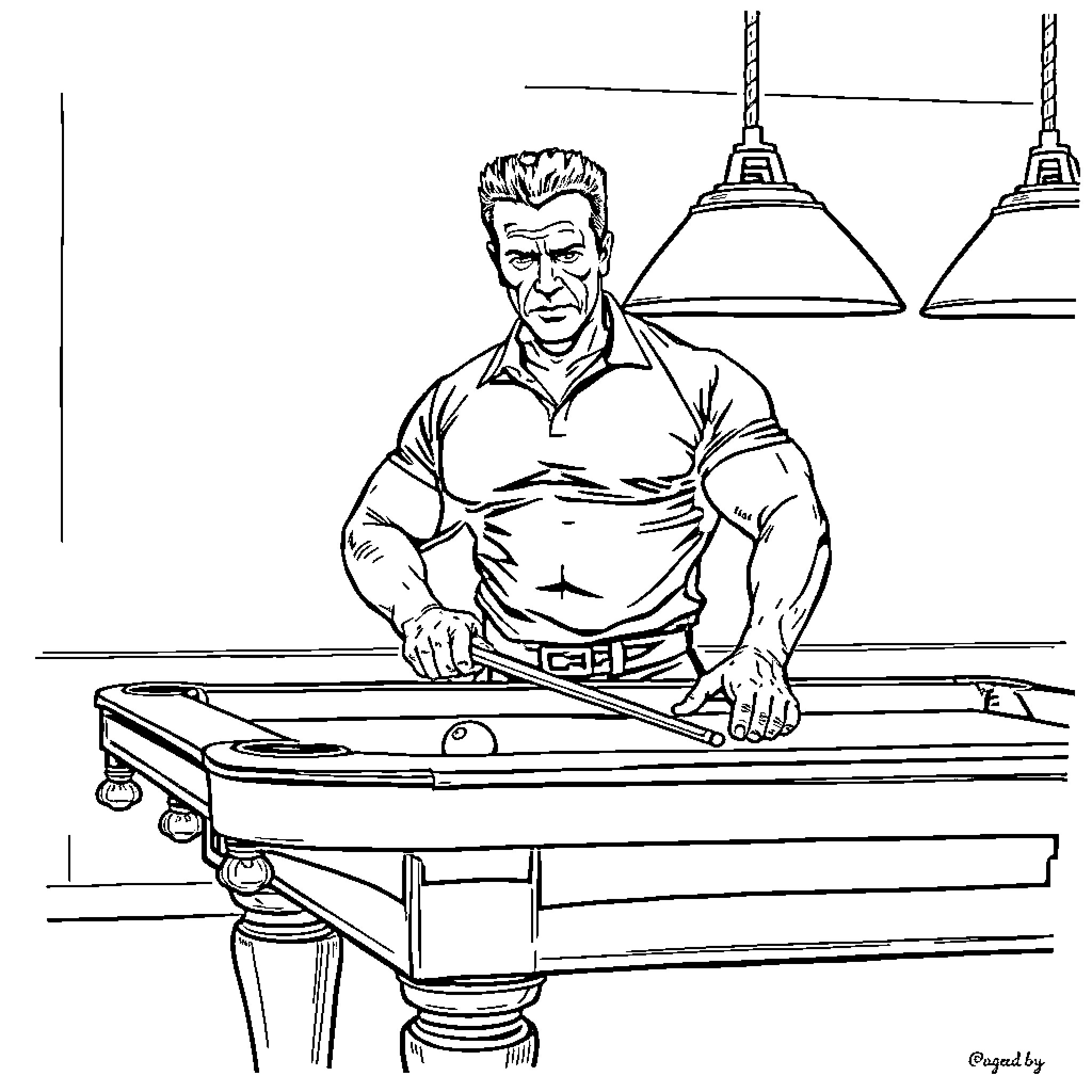 Arnold Schwarzenegger Leaning on Pool Table Coloring Page (free black-and-white line drawing printable PDF for all, from beginners to advanced learners, including children, teens, adults, and seniors)