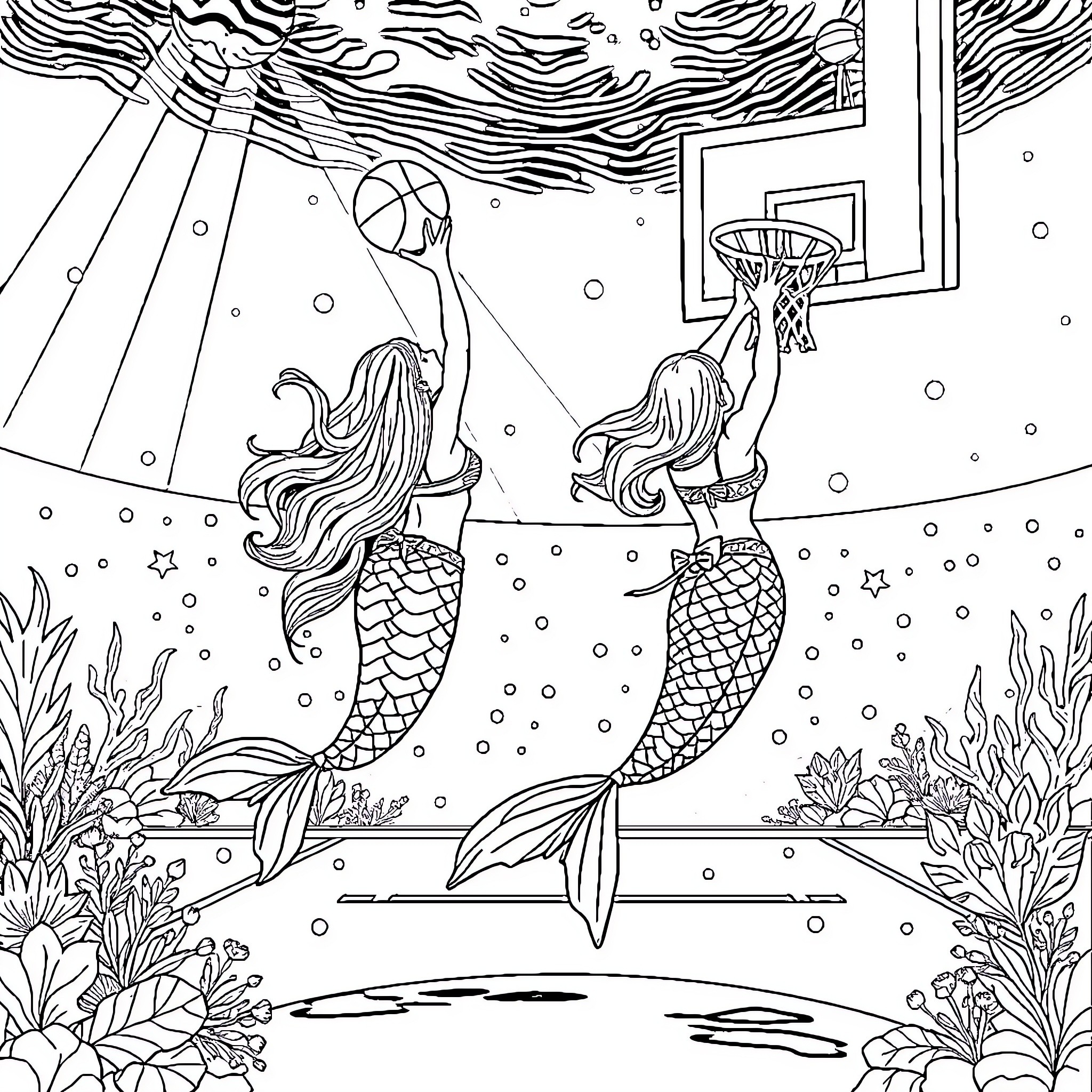 Mermaid basketball playing in the underwater scene Coloring Page (free black-and-white line drawing printable PDF for all, from beginners to advanced learners, including children, teens, adults, and seniors)