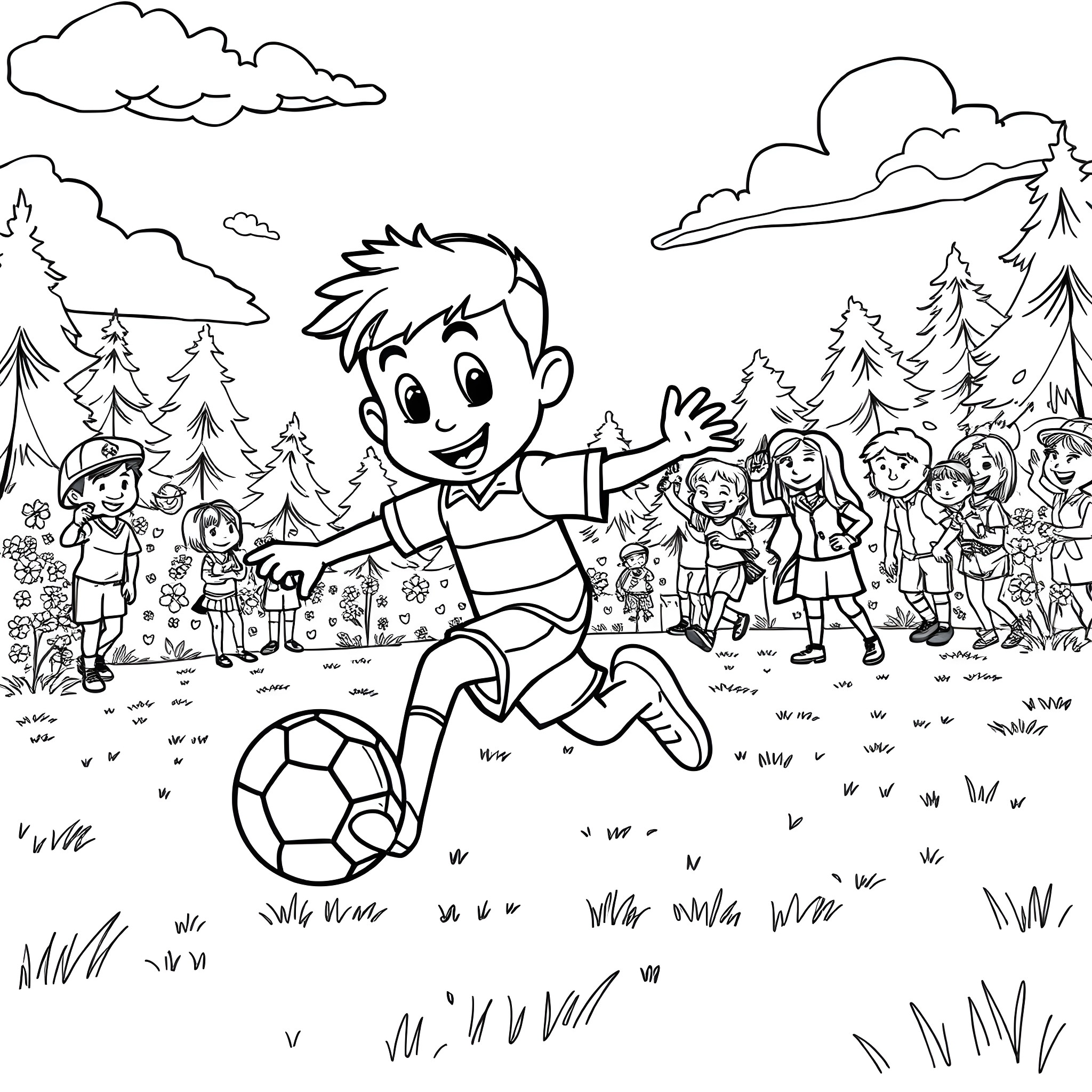 Woody playing energetically with a soccer ball in the park Coloring Page (free black-and-white line drawing printable PDF for all, from beginners to advanced learners, including children, teens, adults, and seniors)