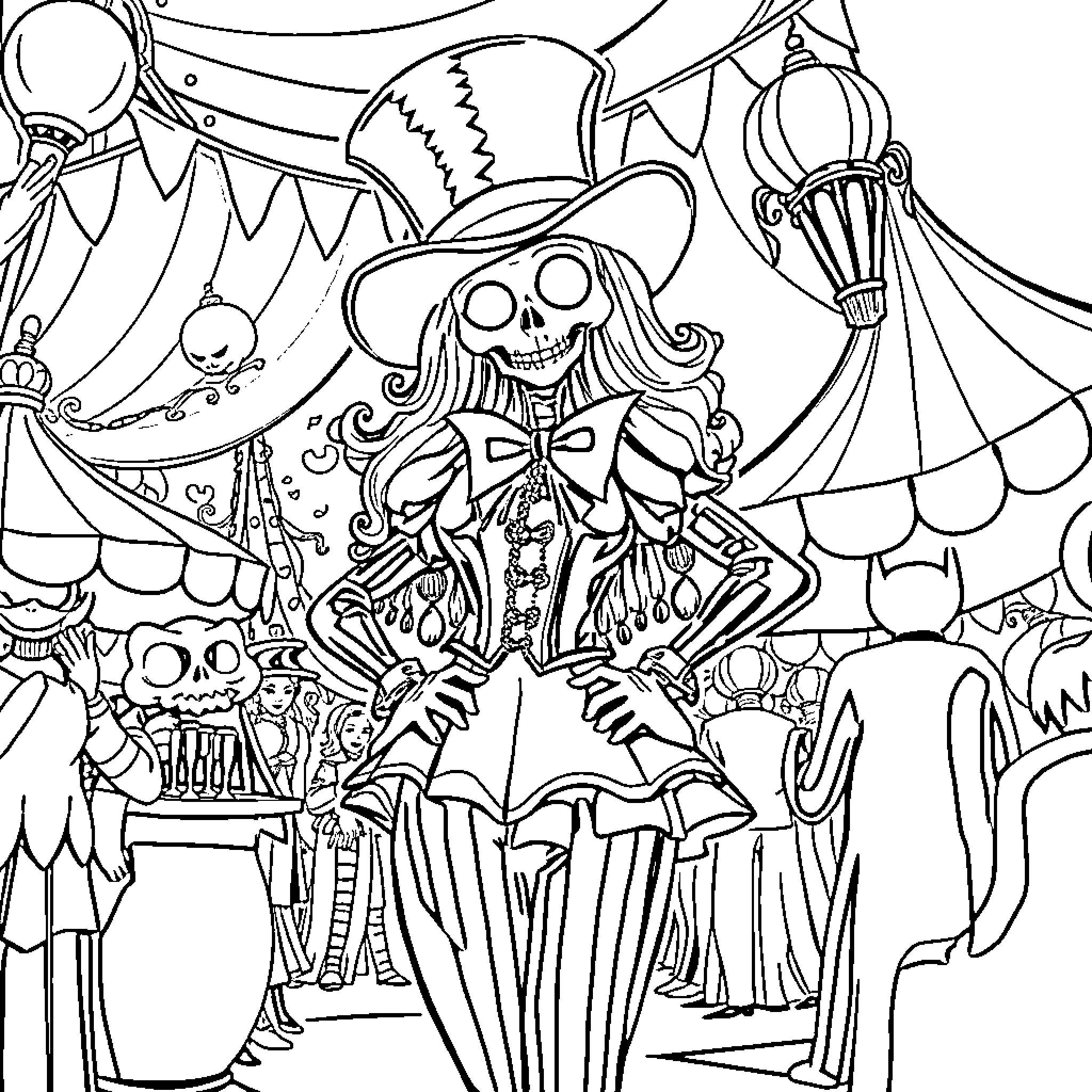 Madhatter's Wondrous Carnival Revelry Coloring Page (free black-and-white line drawing printable PDF for all, from beginners to advanced learners, including children, teens, adults, and seniors)
