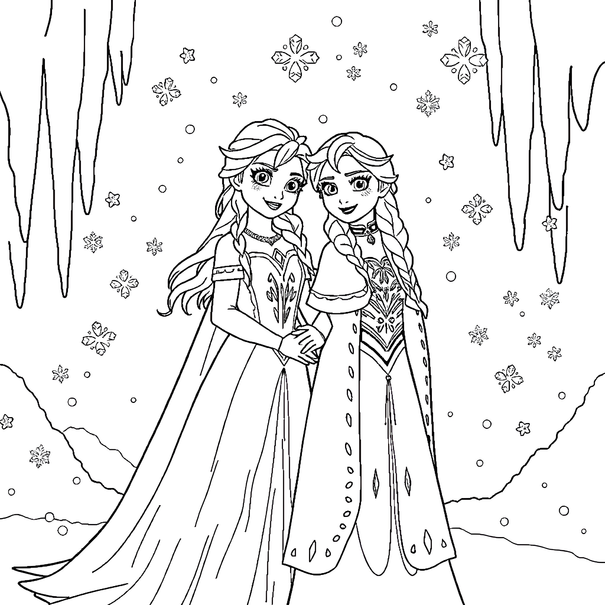 Elsa and Anna in a winter wonderland Coloring Page (free black-and-white line drawing printable PDF for all, from beginners to advanced learners, including children, teens, adults, and seniors)