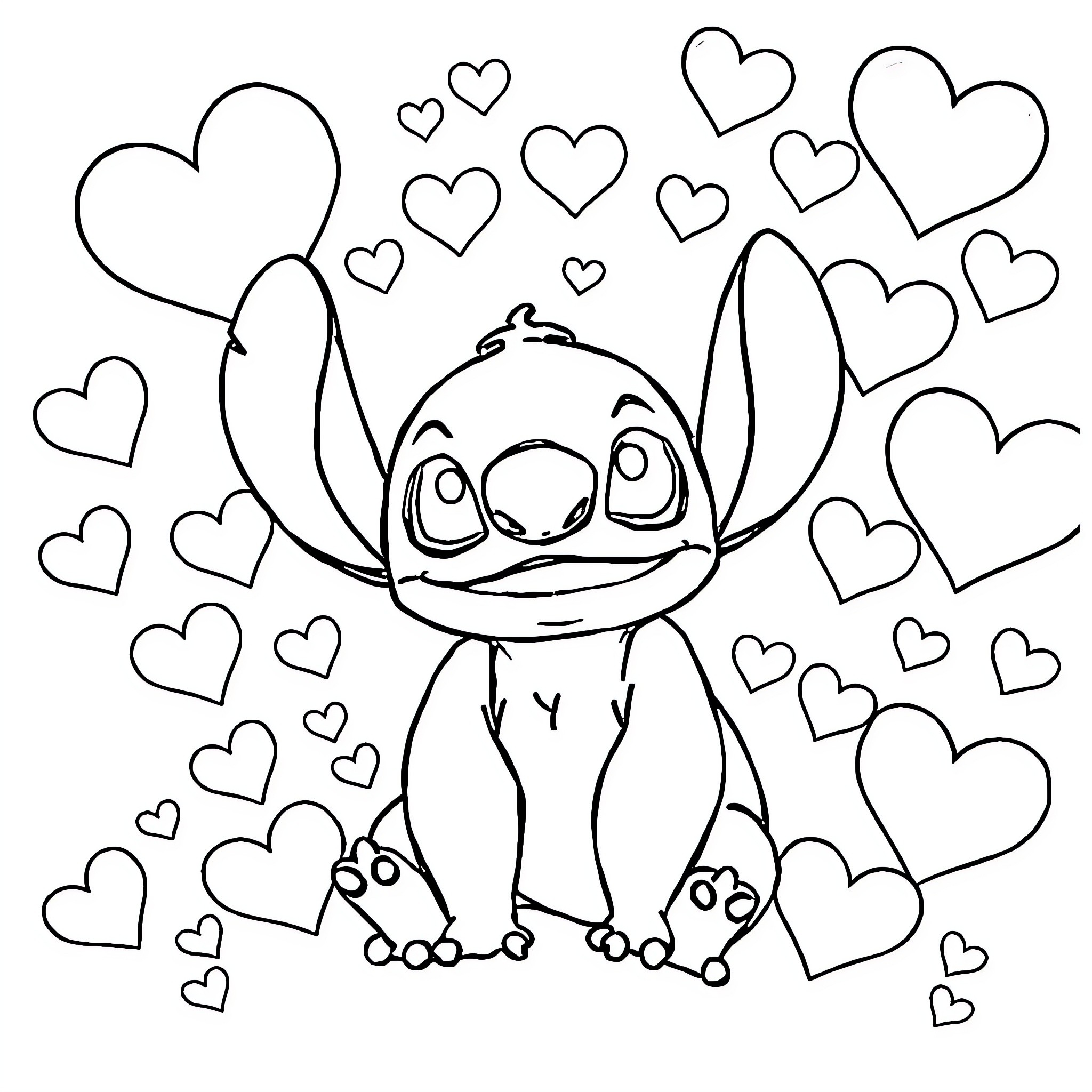 Stitch surrounded by hearts and expressions of affection Coloring Page (free black-and-white line drawing printable PDF for all, from beginners to advanced learners, including children, teens, adults, and seniors)