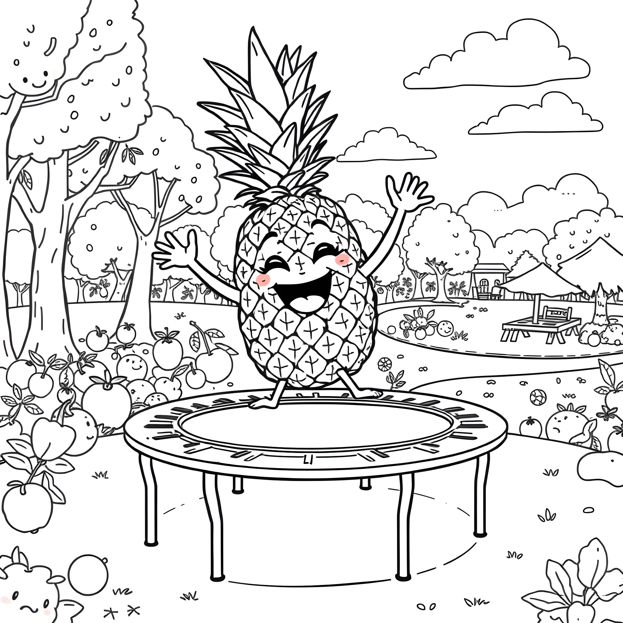 Pineapple having fun on trampoline in nature Coloring Page (free black-and-white line drawing printable PDF for all, from beginners to advanced learners, including children, teens, adults, and seniors)