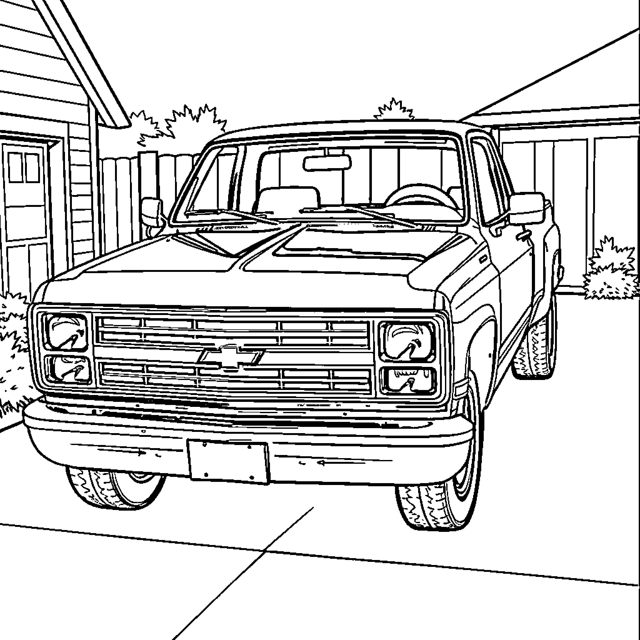 Chevy truck parked in front of rural building Coloring Page (free black-and-white line drawing printable PDF for all, from beginners to advanced learners, including children, teens, adults, and seniors)