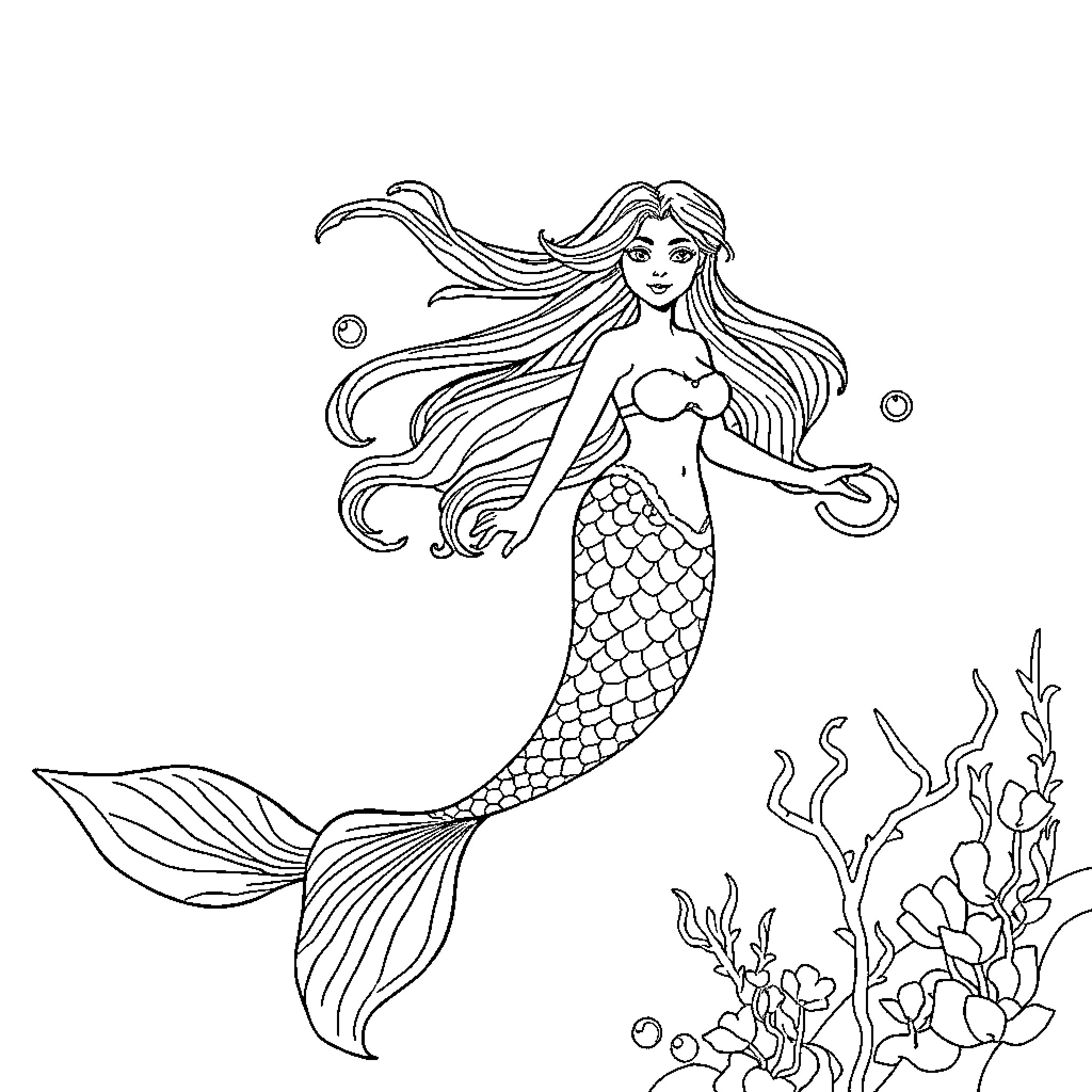 Mermaid swimming gracefully in the ocean Coloring Page (free black-and-white line drawing printable PDF for all, from beginners to advanced learners, including children, teens, adults, and seniors)