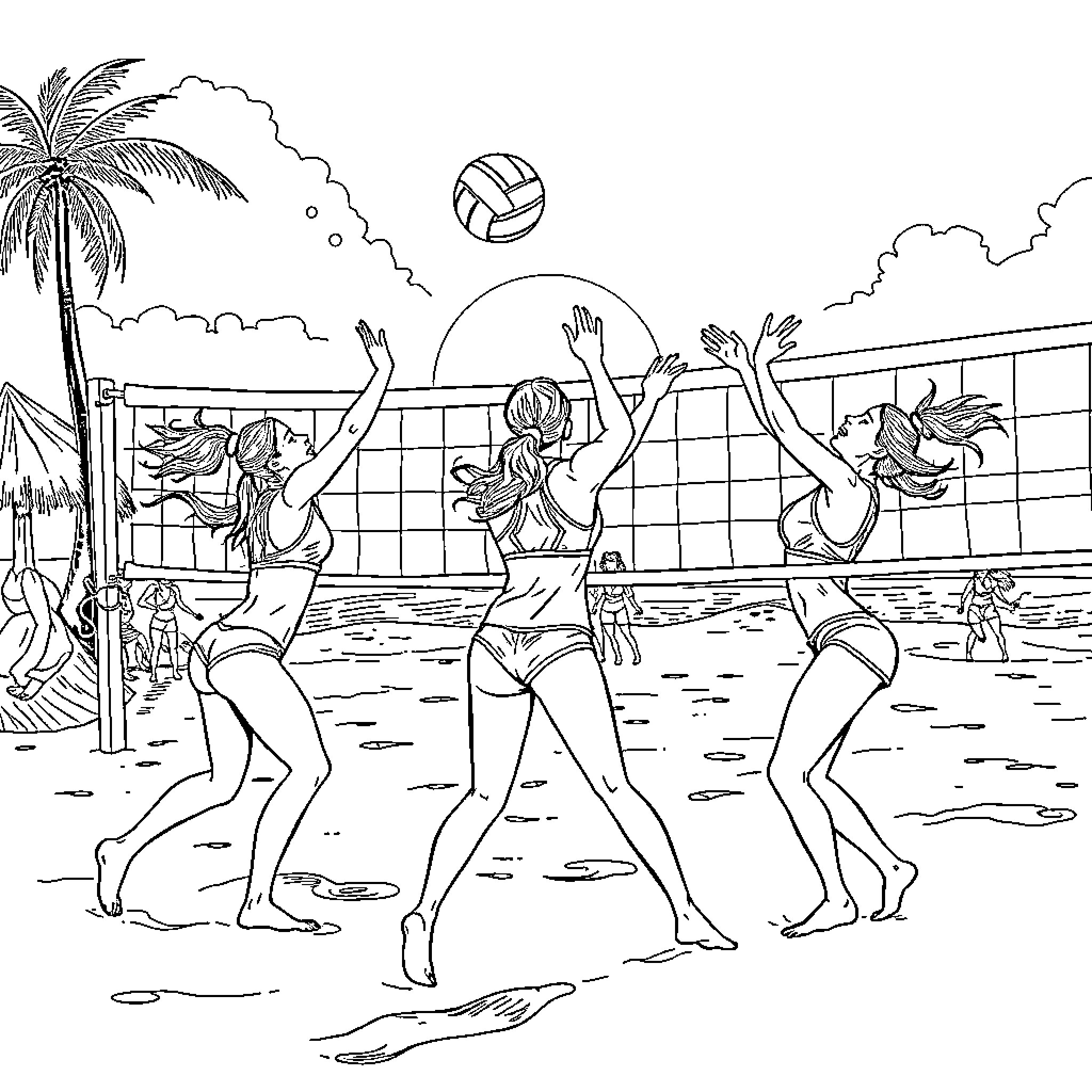 Volleyball players competing on a sunny beach Coloring Page (free black-and-white line drawing printable PDF for all, from beginners to advanced learners, including children, teens, adults, and seniors)