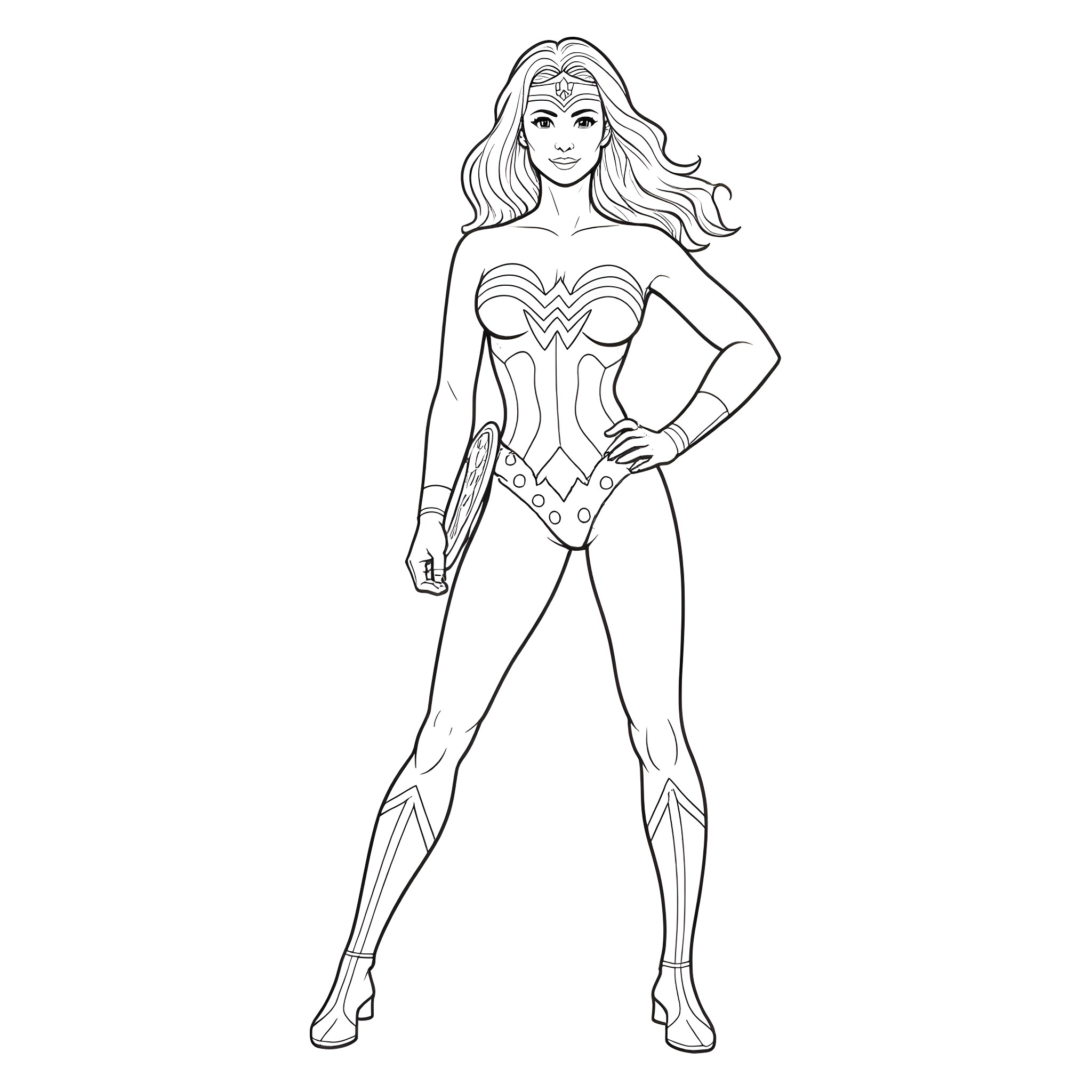 Wonder Woman in heroic battle stance Coloring Page (free black-and-white line drawing printable PDF for all, from beginners to advanced learners, including children, teens, adults, and seniors)