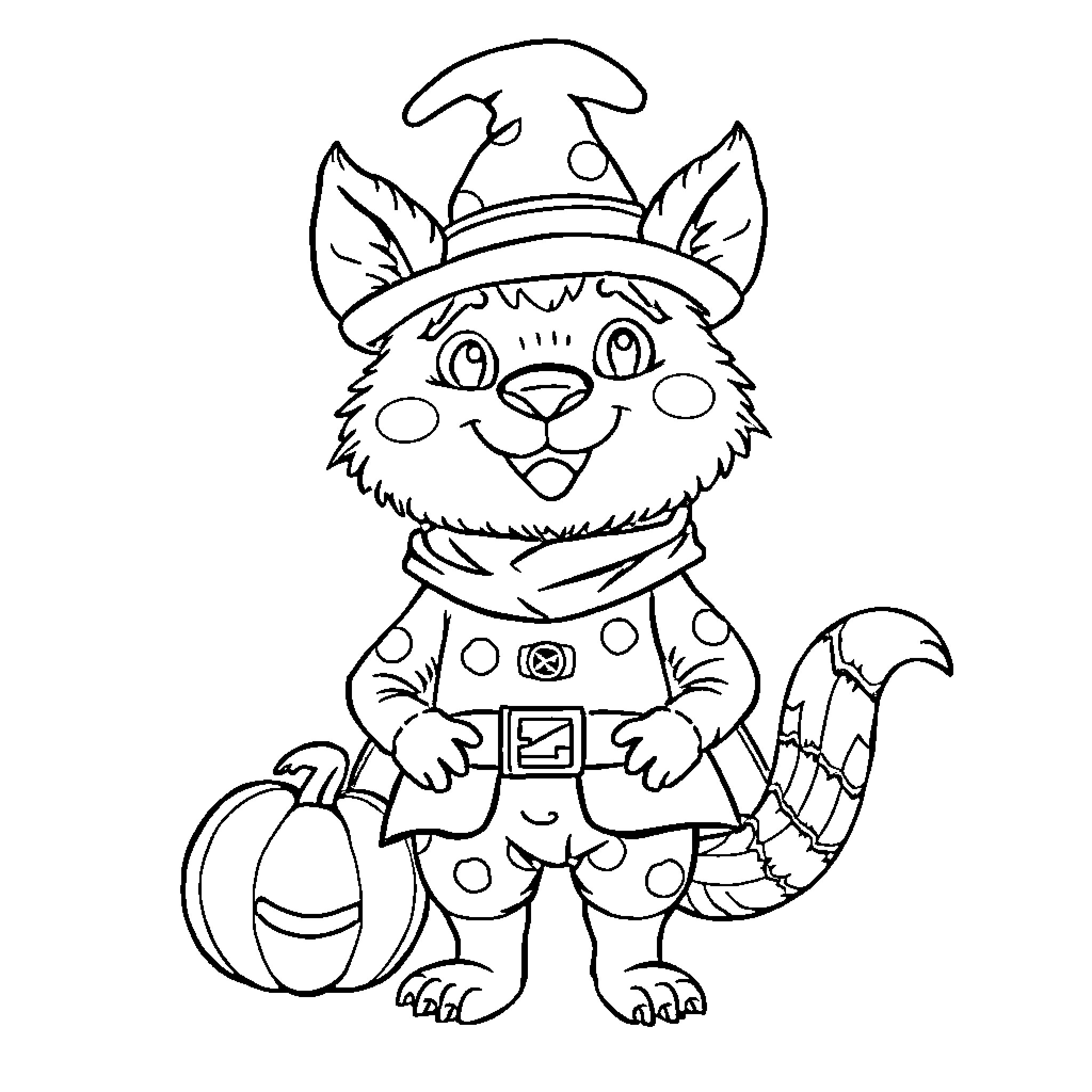 Animal in costume with pumpkin Coloring Page (free black-and-white line drawing printable PDF for all, from beginners to advanced learners, including children, teens, adults, and seniors)