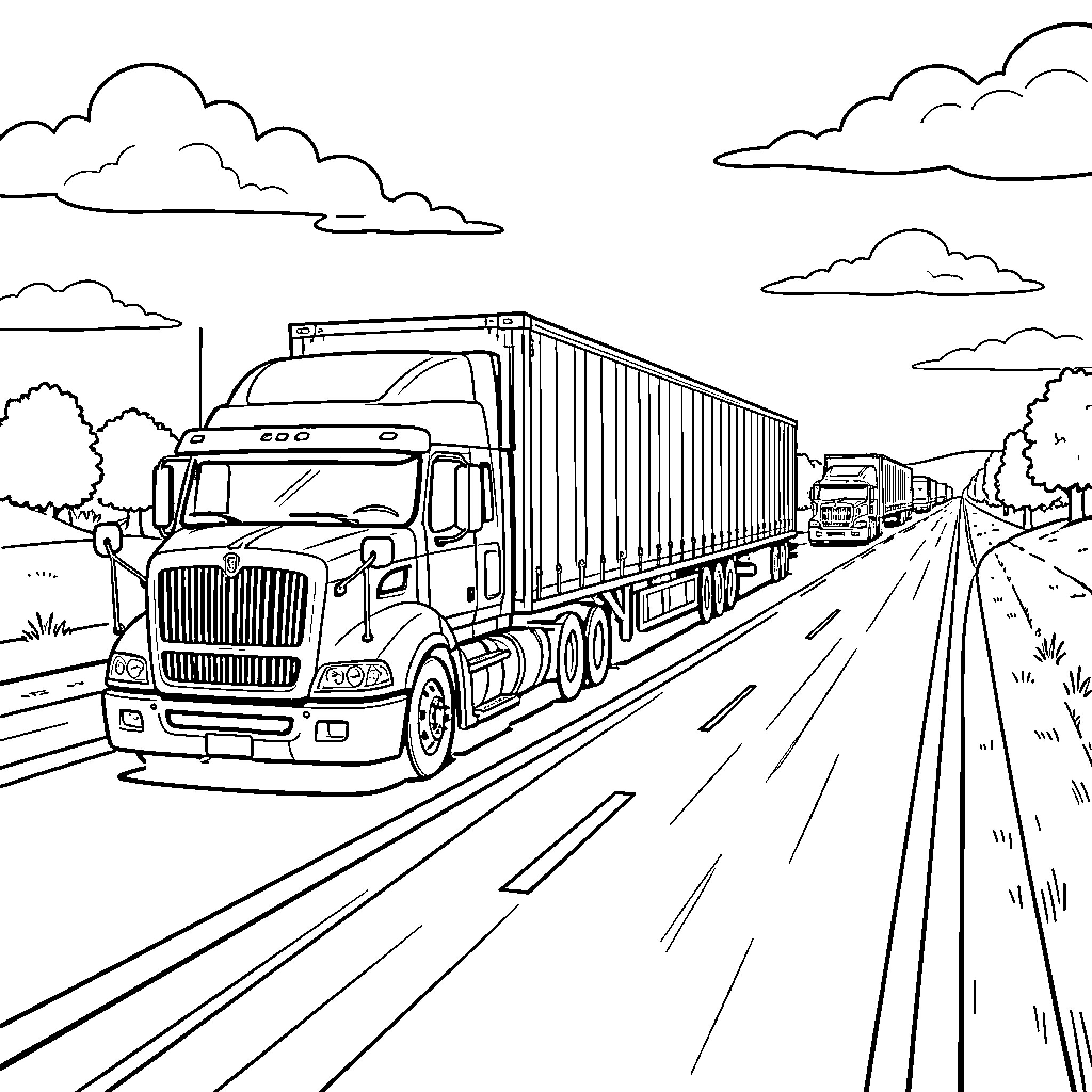 Truck transporting cargo on highway with traffic Coloring Page (free black-and-white line drawing printable PDF for all, from beginners to advanced learners, including children, teens, adults, and seniors)