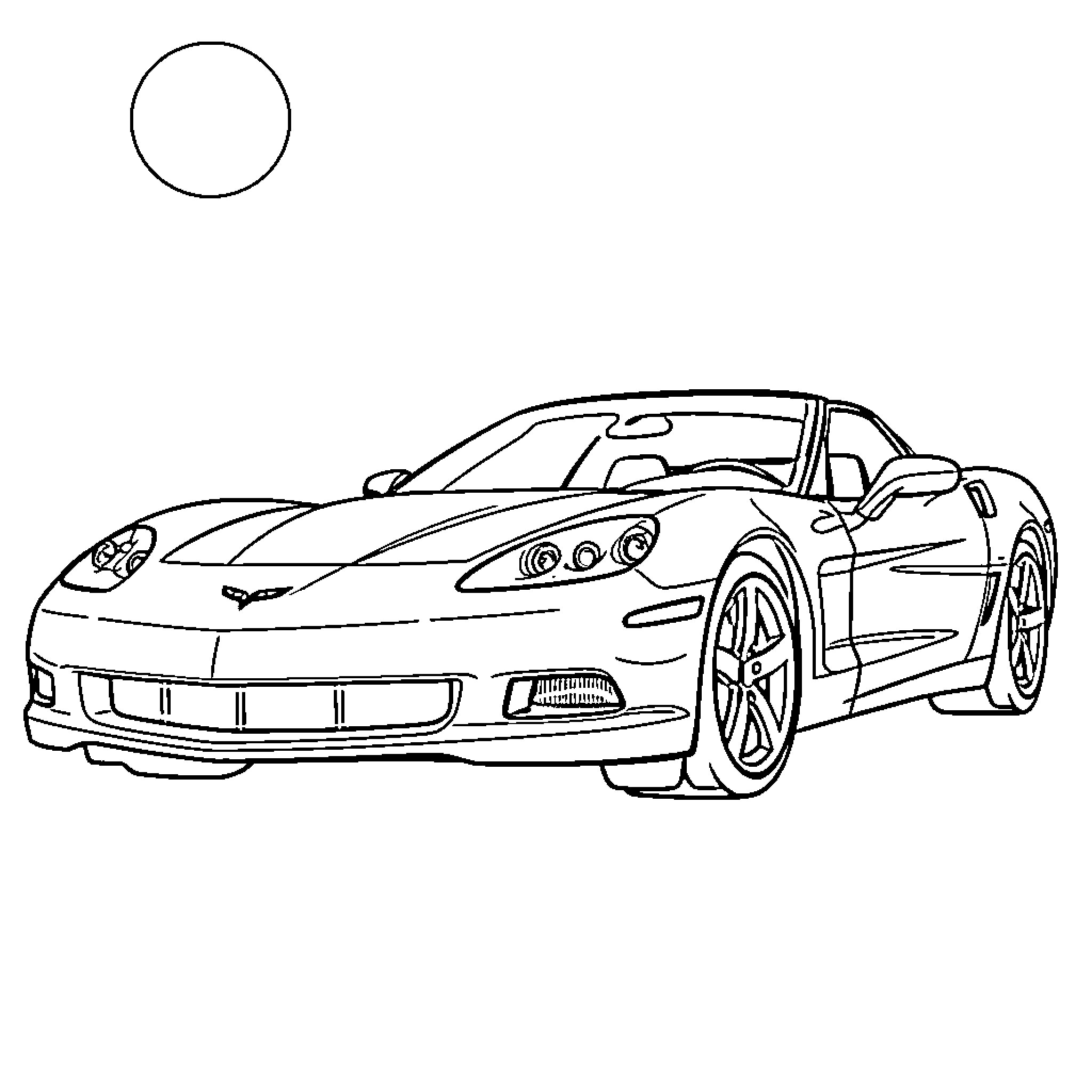 Corvette sports car in action Coloring Page (free black-and-white line drawing printable PDF for all, from beginners to advanced learners, including children, teens, adults, and seniors)
