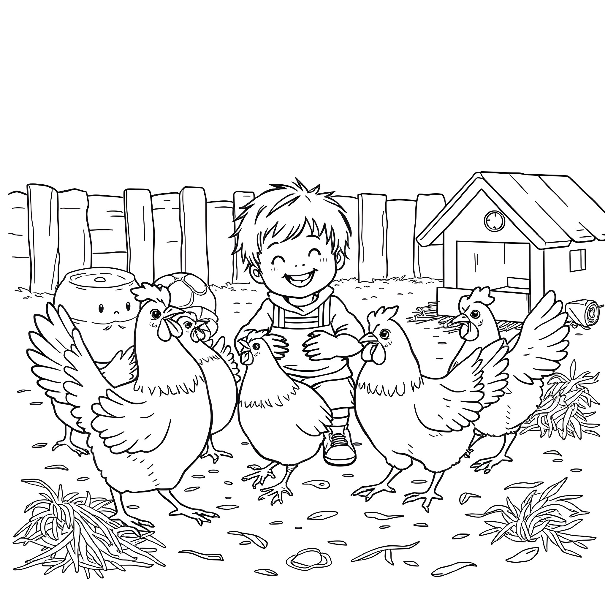 Chicken playing with boy in the farm Coloring Page (free black-and-white line drawing printable PDF for all, from beginners to advanced learners, including children, teens, adults, and seniors)