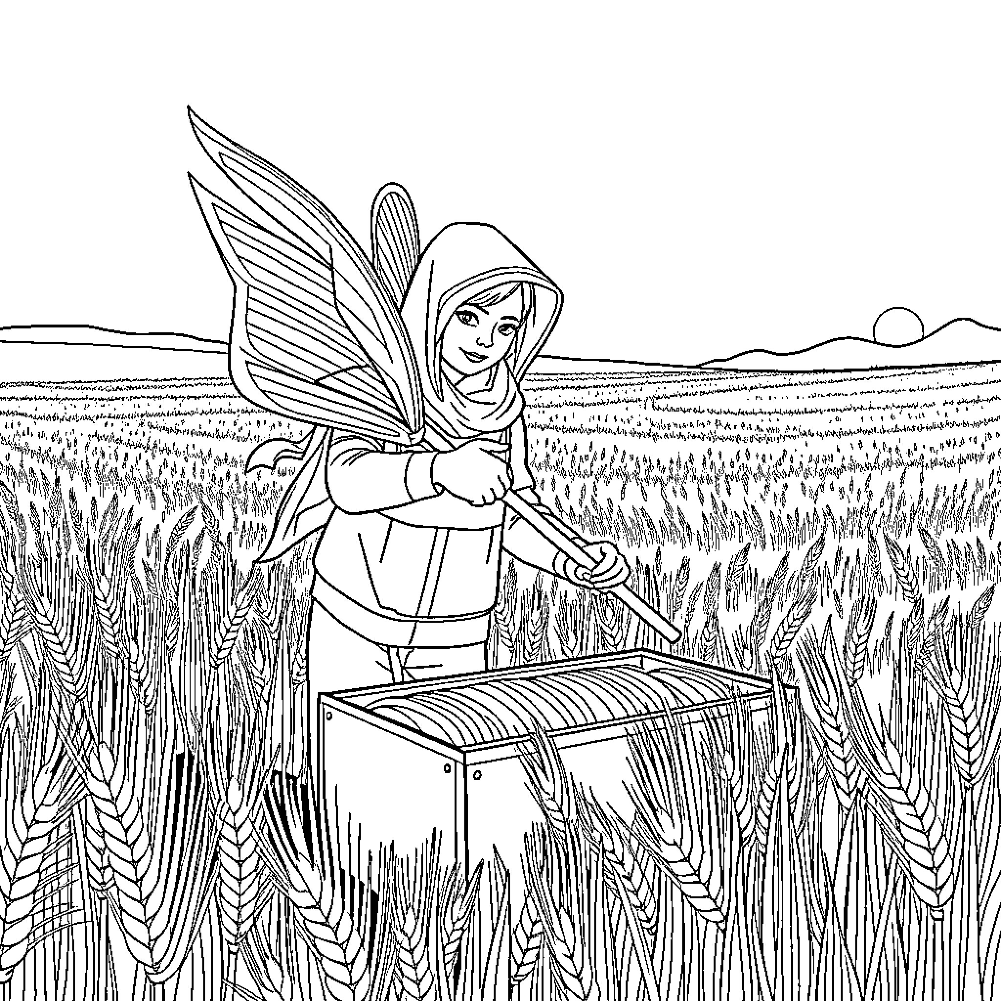 Moissonneuse Batteuse harvesting grain in the field Coloring Page (free black-and-white line drawing printable PDF for all, from beginners to advanced learners, including children, teens, adults, and seniors)