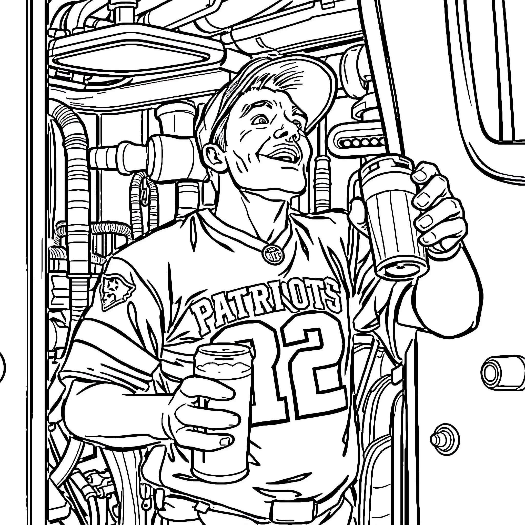 Firetruck driver in uniform enjoys refreshment Coloring Page (free black-and-white line drawing printable PDF for all, from beginners to advanced learners, including children, teens, adults, and seniors)