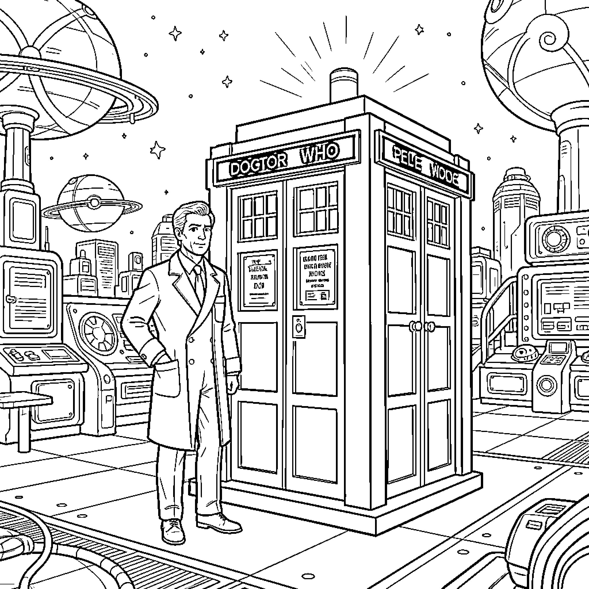 Doctor in a futuristic sci-fi setting with TARDIS Coloring Page (free black-and-white line drawing printable PDF for all, from beginners to advanced learners, including children, teens, adults, and seniors)