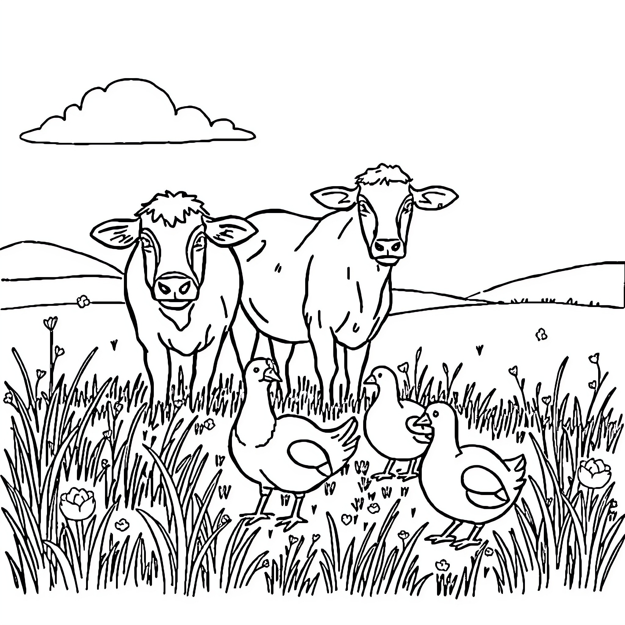 Farm Animals in a Grassy Field Coloring Page (free black-and-white line drawing printable PDF for all, from beginners to advanced learners, including children, teens, adults, and seniors)