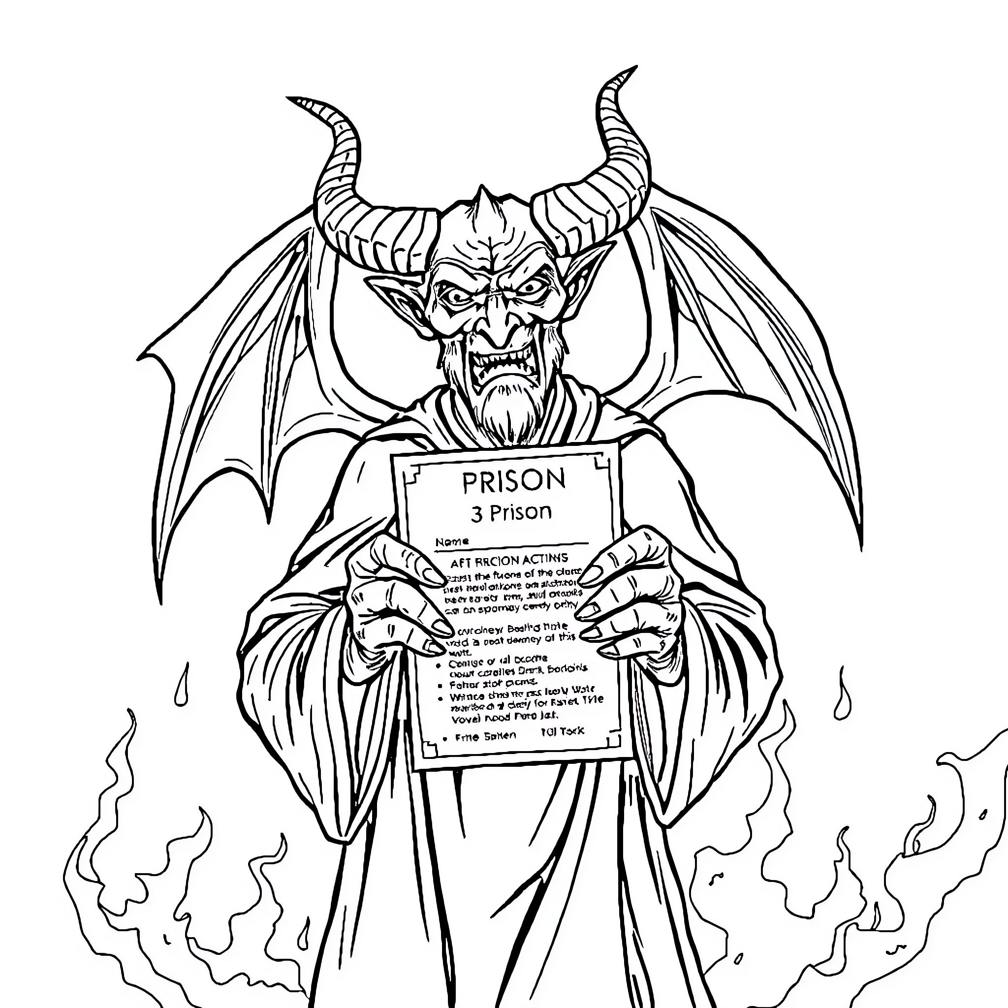 Satan Imprisoned in Chains, Sentenced to Prison Coloring Page (free black-and-white line drawing printable PDF for all, from beginners to advanced learners, including children, teens, adults, and seniors)