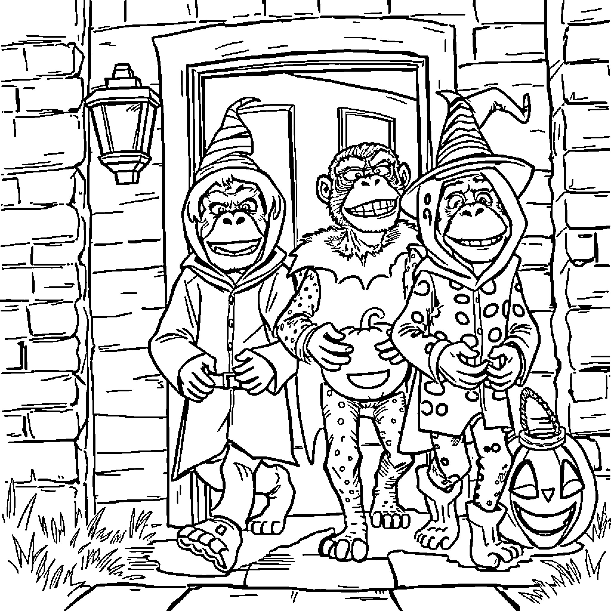 Gorillaz Wearing Costumes and Posing Together Coloring Page (free black-and-white line drawing printable PDF for all, from beginners to advanced learners, including children, teens, adults, and seniors)