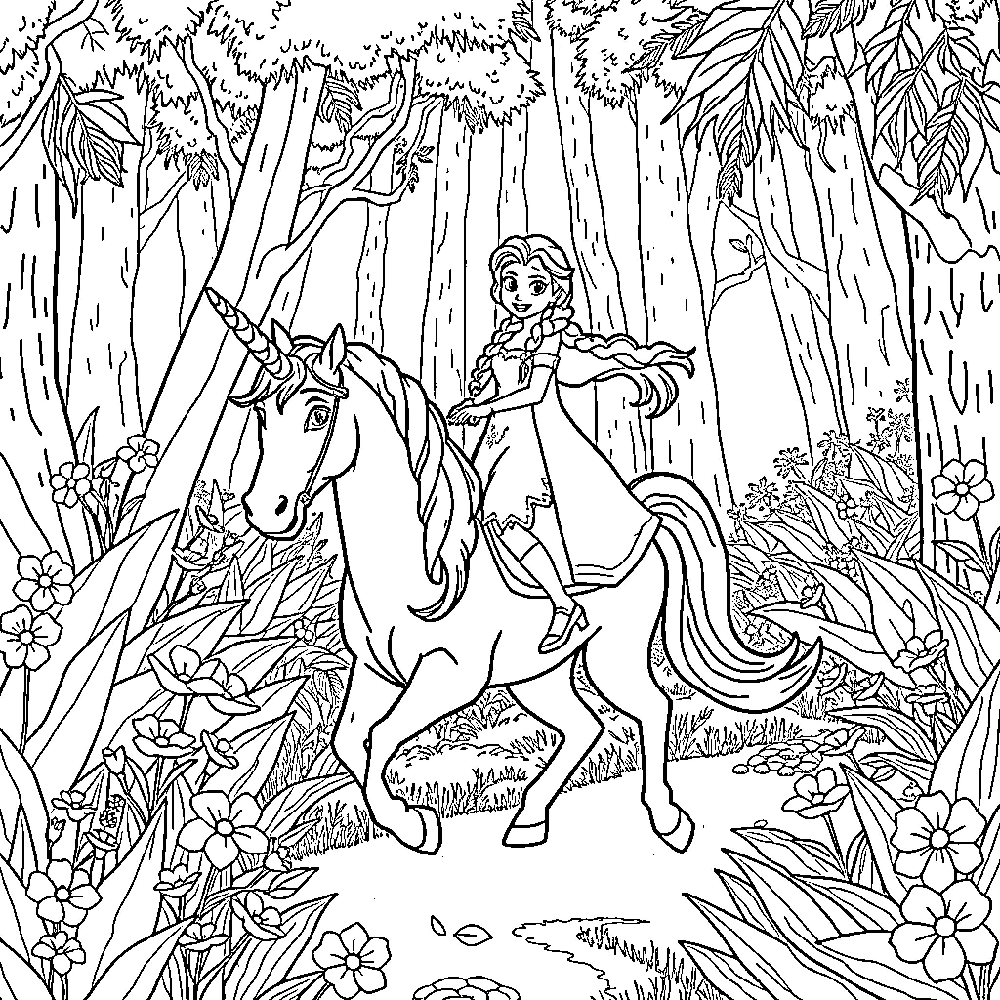 Unicorn Princess Adventure in the Enchanted Forest Coloring Page (free black-and-white line drawing printable PDF for all, from beginners to advanced learners, including children, teens, adults, and seniors)