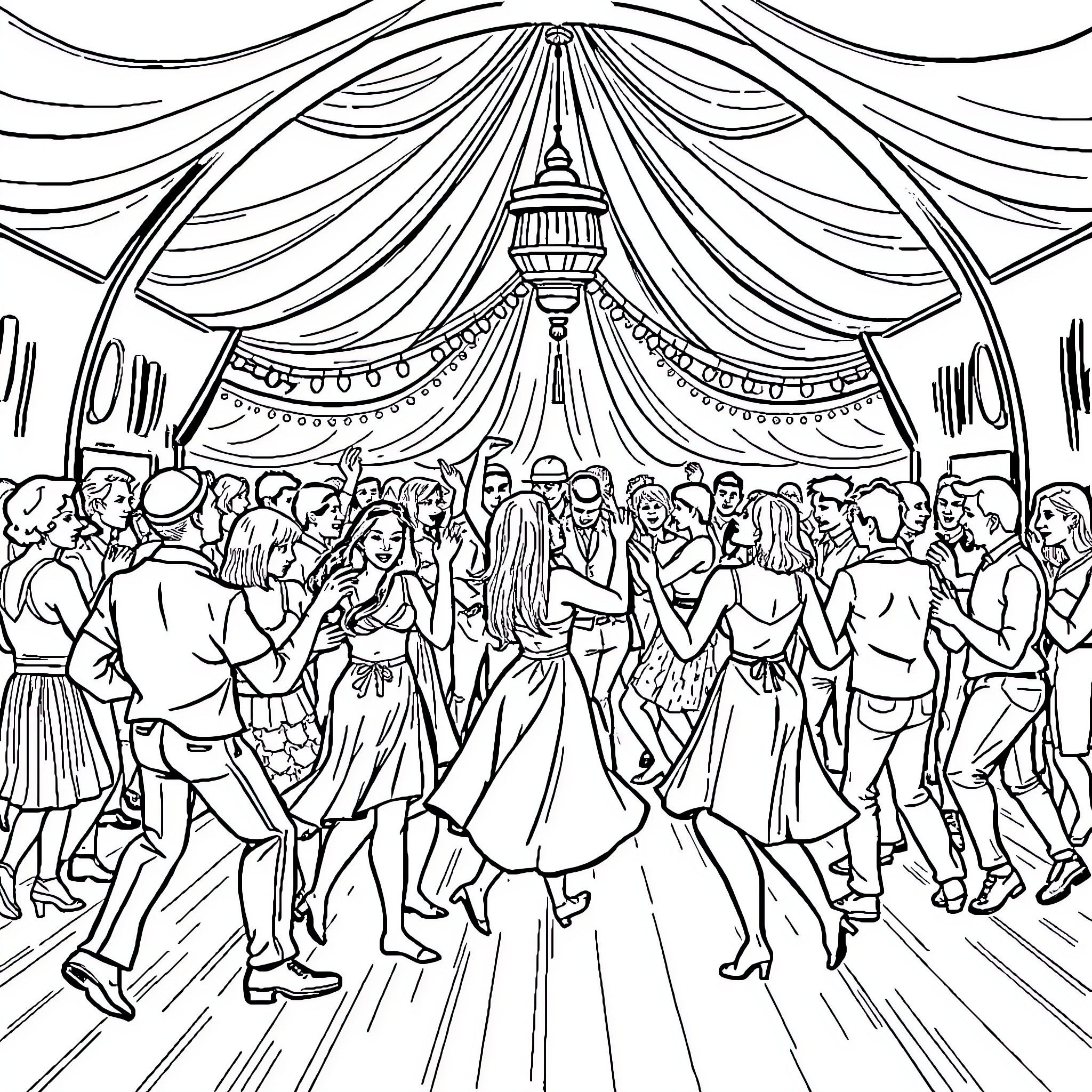 Skibidi party with lively dancers and festive decor Coloring Page (free black-and-white line drawing printable PDF for all, from beginners to advanced learners, including children, teens, adults, and seniors)