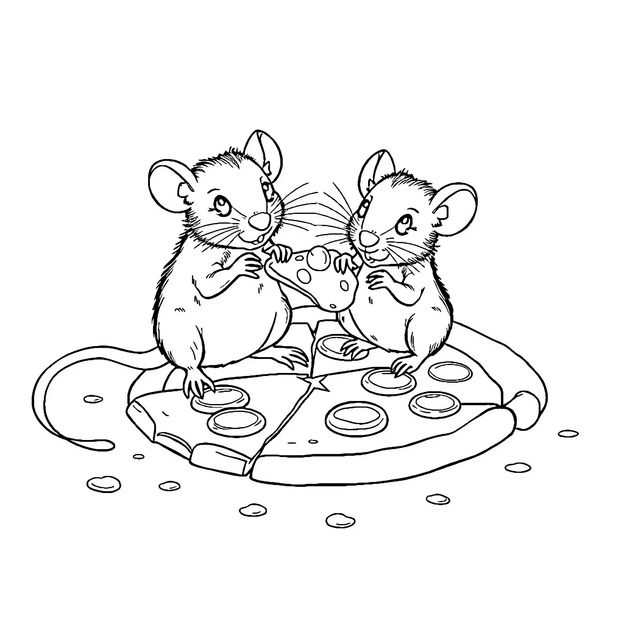 Rat siblings sharing pizza happily Coloring Page (free black-and-white line drawing printable PDF for all, from beginners to advanced learners, including children, teens, adults, and seniors)