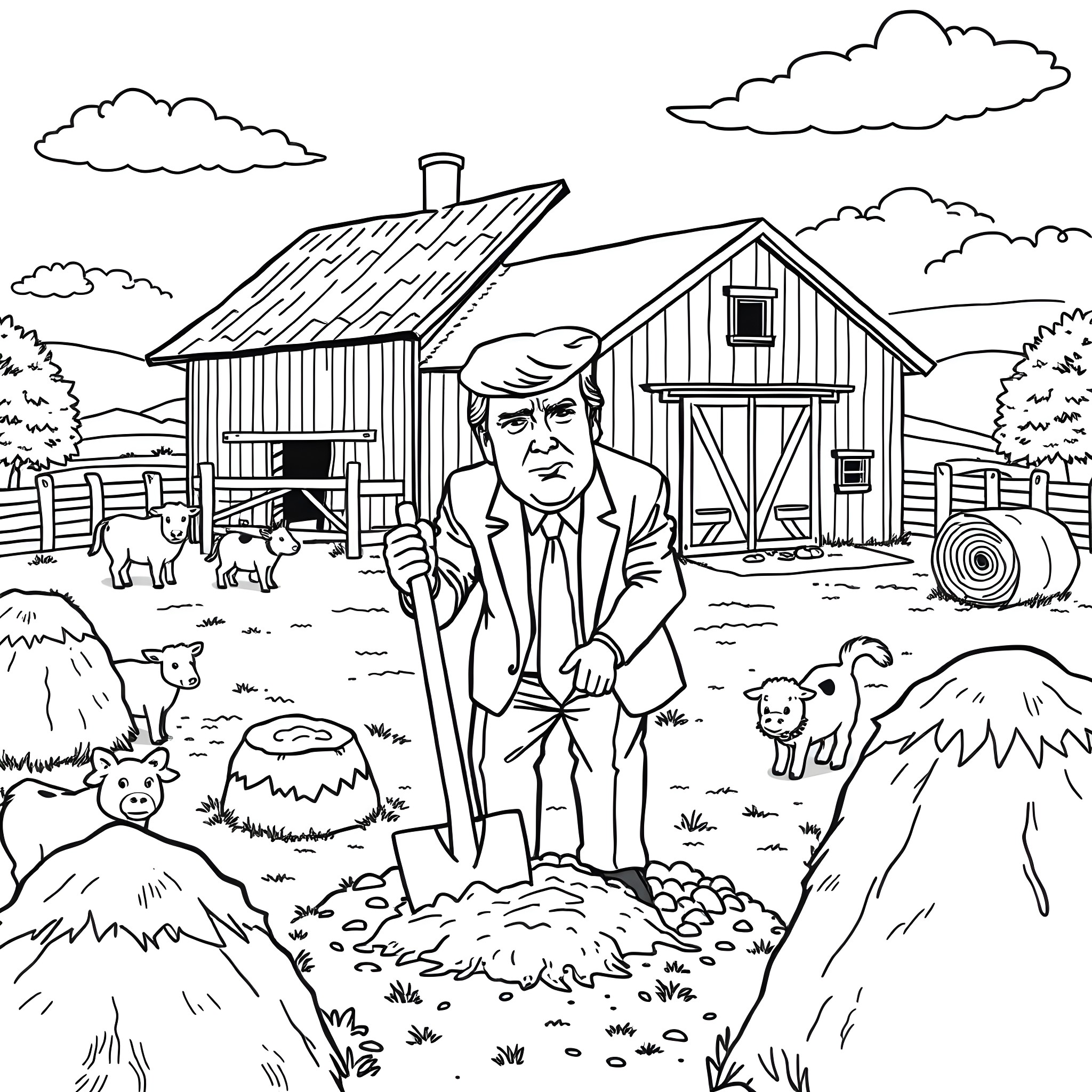 Donald Trump in a Rustic Farmyard Setting Coloring Page (free black-and-white line drawing printable PDF for all, from beginners to advanced learners, including children, teens, adults, and seniors)