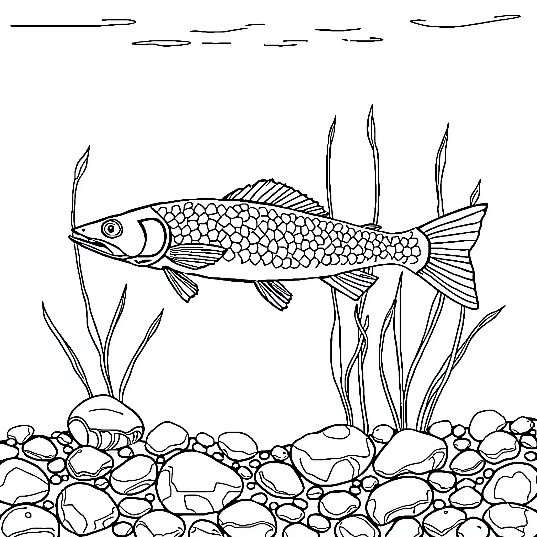 Pike swimming among river rocks Coloring Page (free black-and-white line drawing printable PDF for all, from beginners to advanced learners, including children, teens, adults, and seniors)