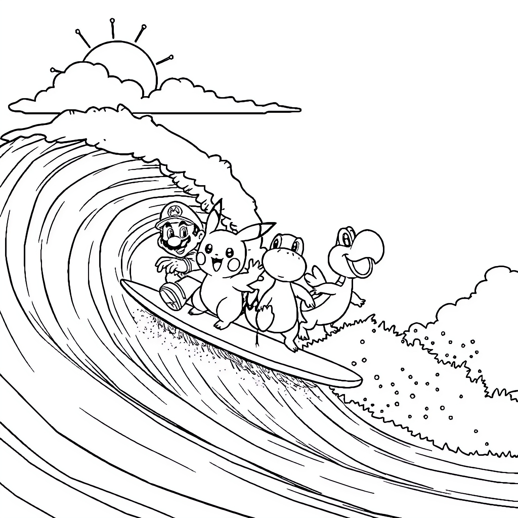 Mario and friends surfing on a big wave Coloring Page (free black-and-white line drawing printable PDF for all, from beginners to advanced learners, including children, teens, adults, and seniors)