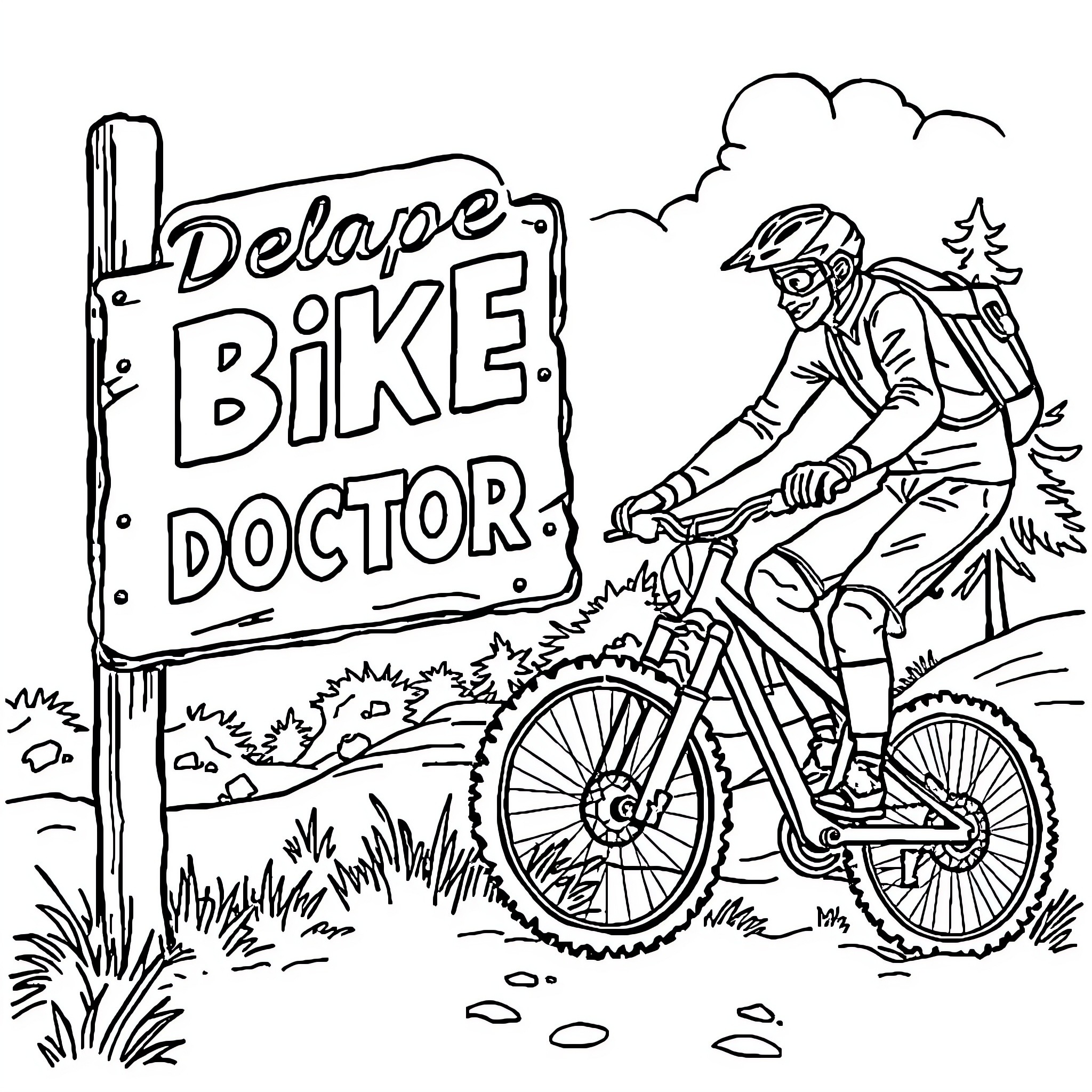 Bike Doctor Riding on a Trail Coloring Page (free black-and-white line drawing printable PDF for all, from beginners to advanced learners, including children, teens, adults, and seniors)