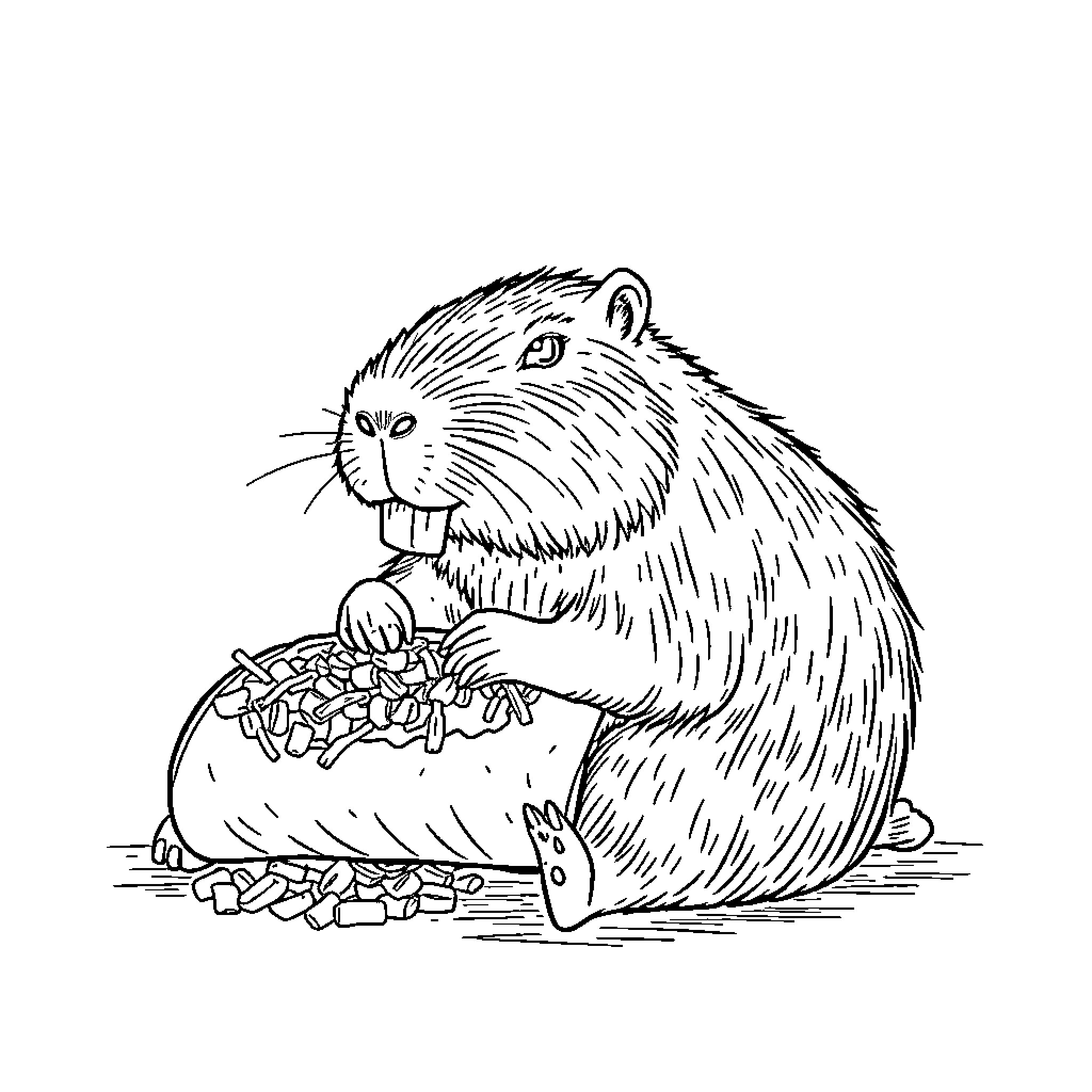 Capybara enjoying its snack Coloring Page (free black-and-white line drawing printable PDF for all, from beginners to advanced learners, including children, teens, adults, and seniors)