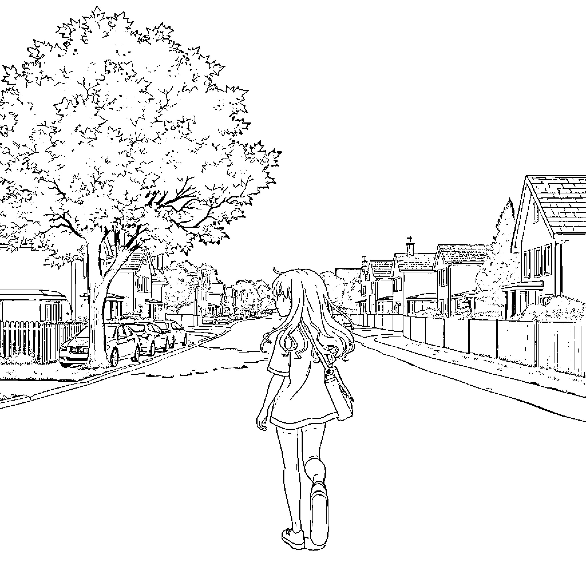 Girl walking alone down a peaceful town street Coloring Page (free black-and-white line drawing printable PDF for all, from beginners to advanced learners, including children, teens, adults, and seniors)