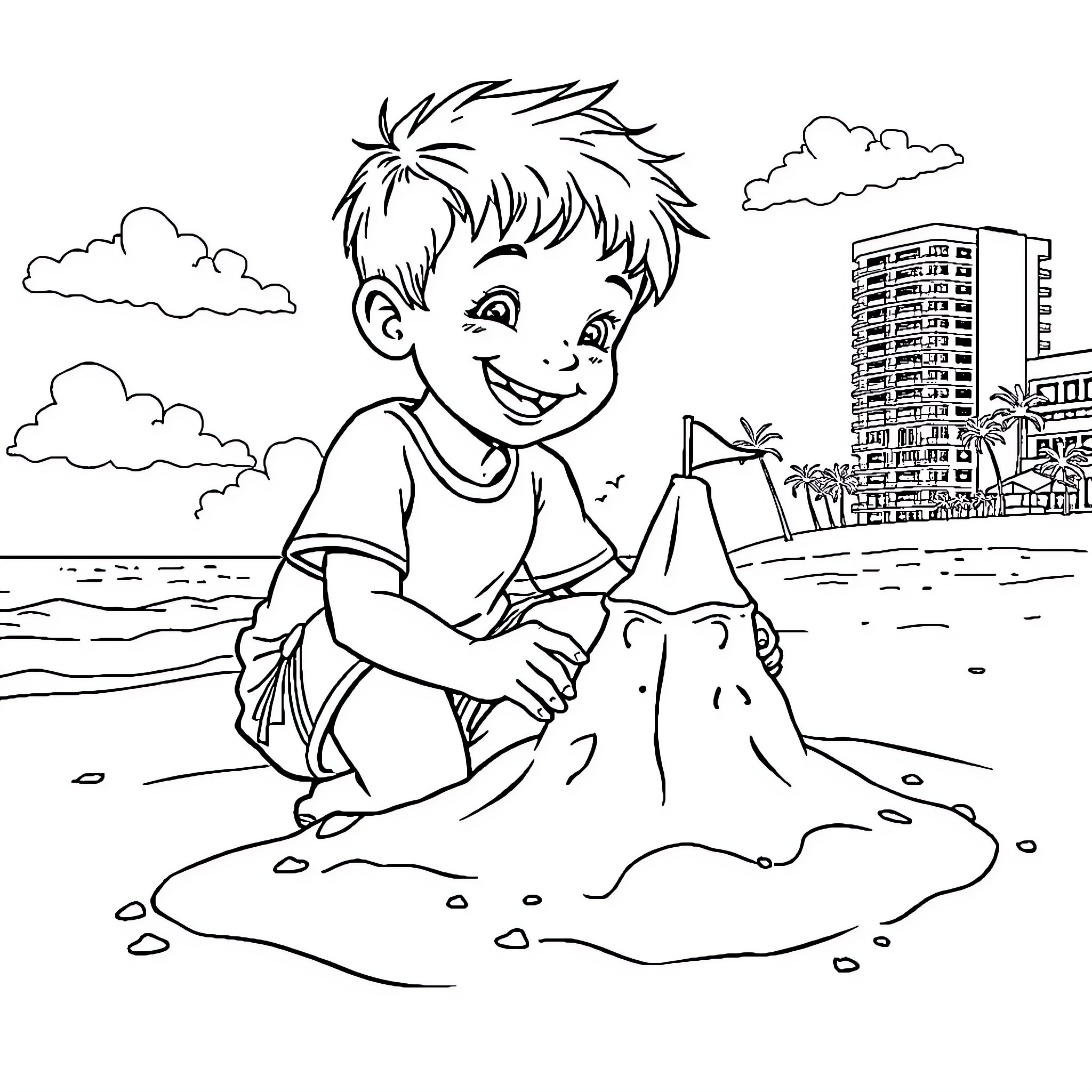 Kid building sandcastle on the beach Coloring Page (free black-and-white line drawing printable PDF for all, from beginners to advanced learners, including children, teens, adults, and seniors)